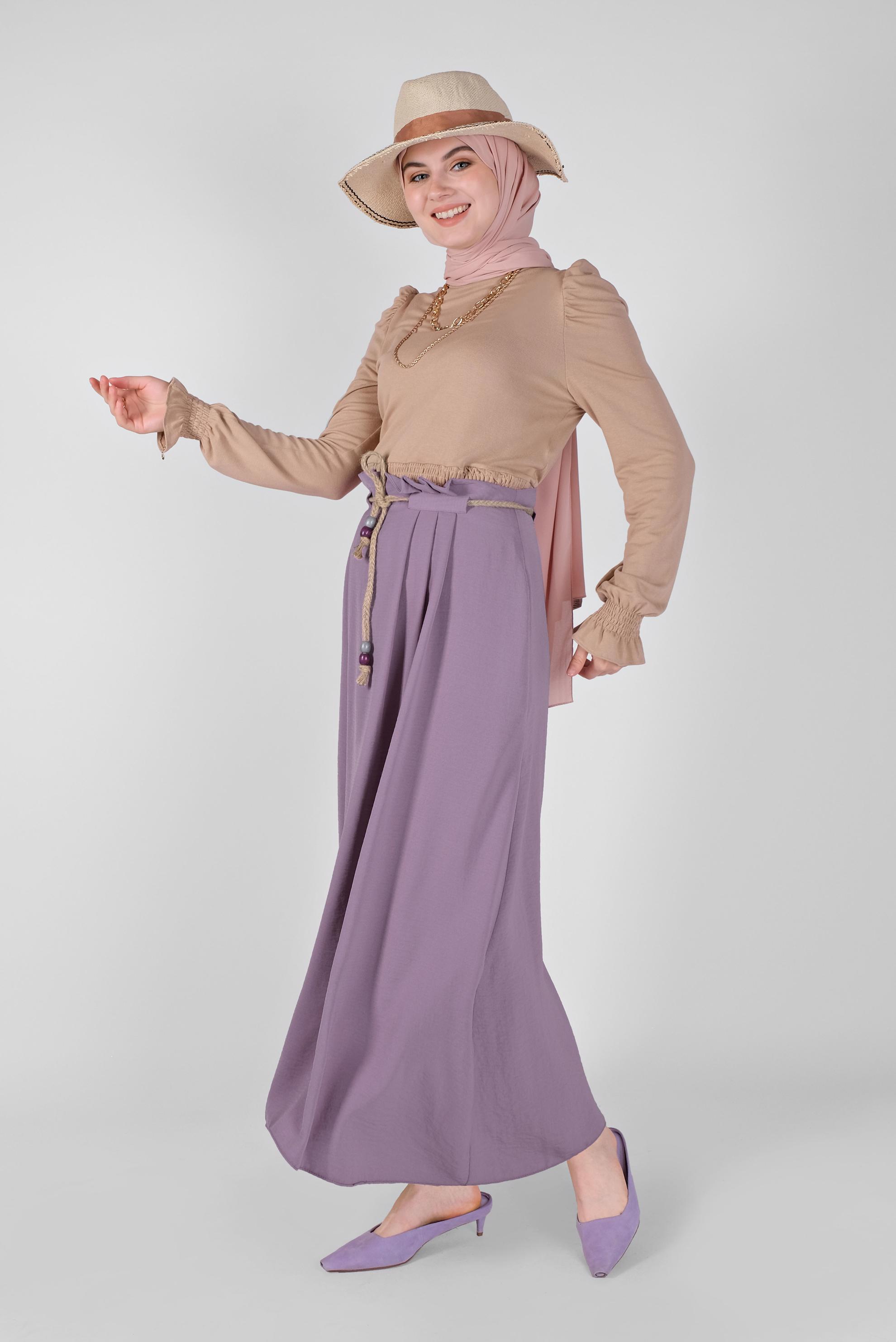 Tesettür giyim MOR BELİ BÜZGÜLÜ KUŞAKLI ETEK 60165