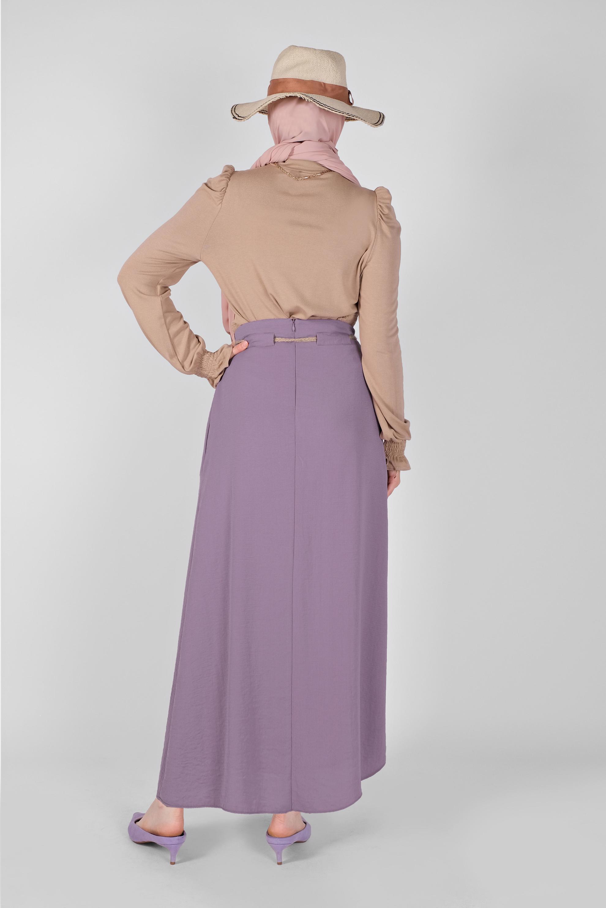 Tesettür giyim MOR BELİ BÜZGÜLÜ KUŞAKLI ETEK 60165