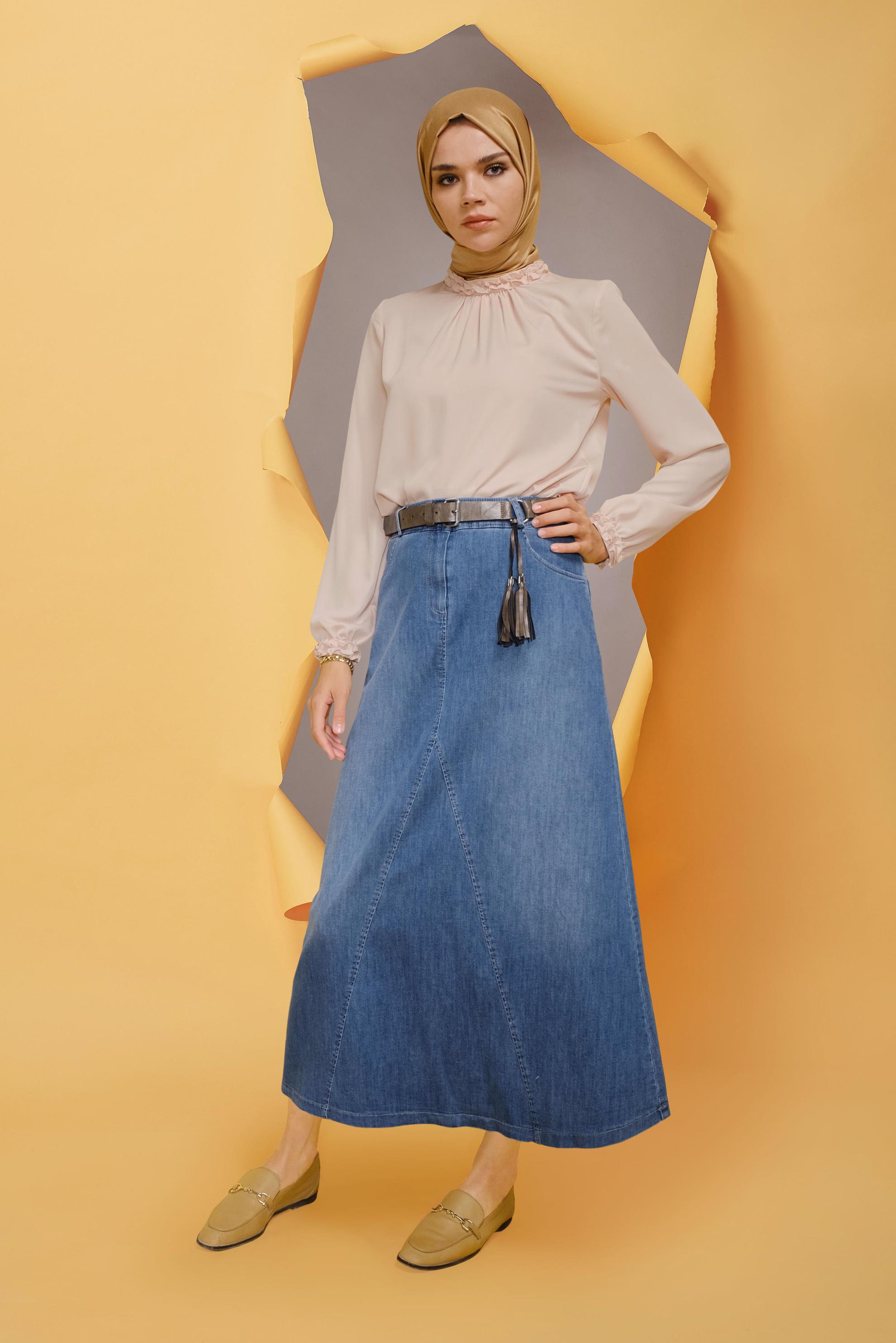 Tesettür giyim LACİVERT CEP DETAYLI DENİM ETEK 60168