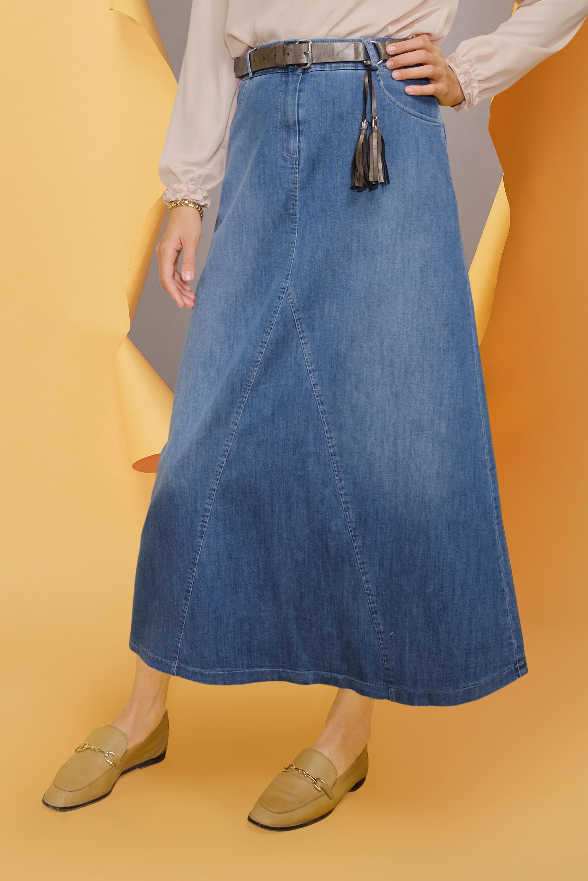 Tesettür giyim LACİVERT CEP DETAYLI DENİM ETEK 60168