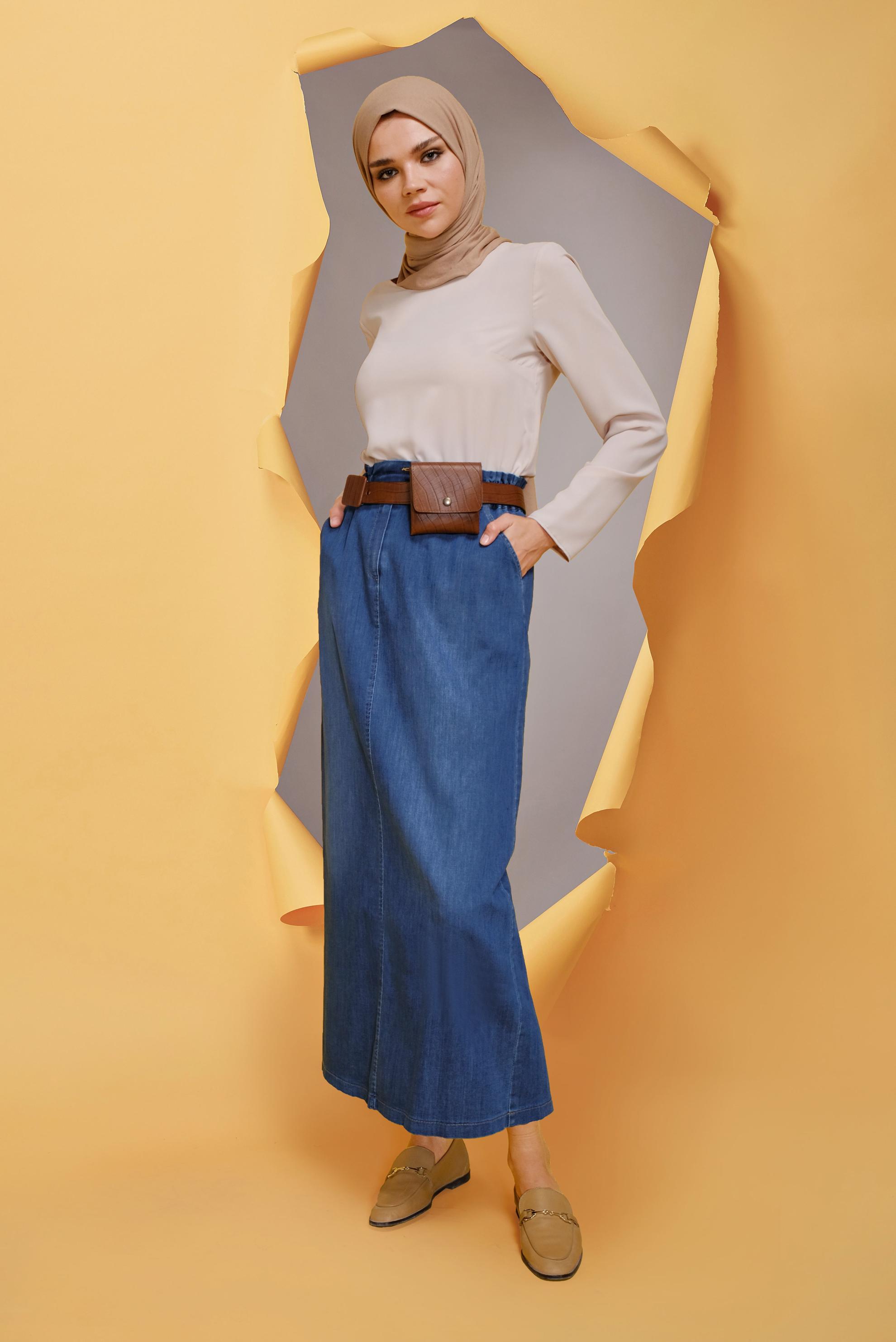 Tesettür giyim LACİVERT BELİ LASTİKLİ CEP DETAYLI ETEK 60169