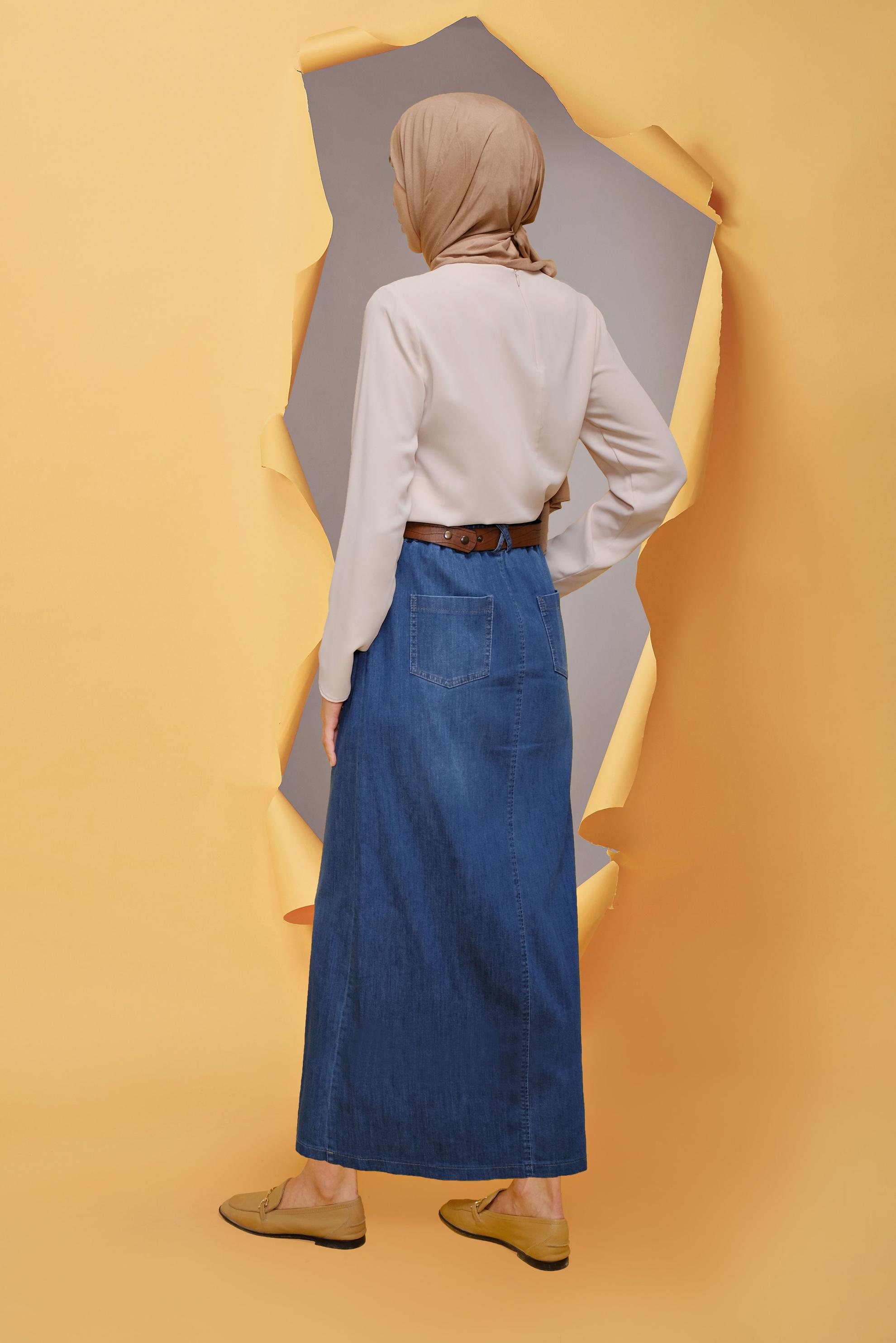 Tesettür giyim LACİVERT BELİ LASTİKLİ CEP DETAYLI ETEK 60169