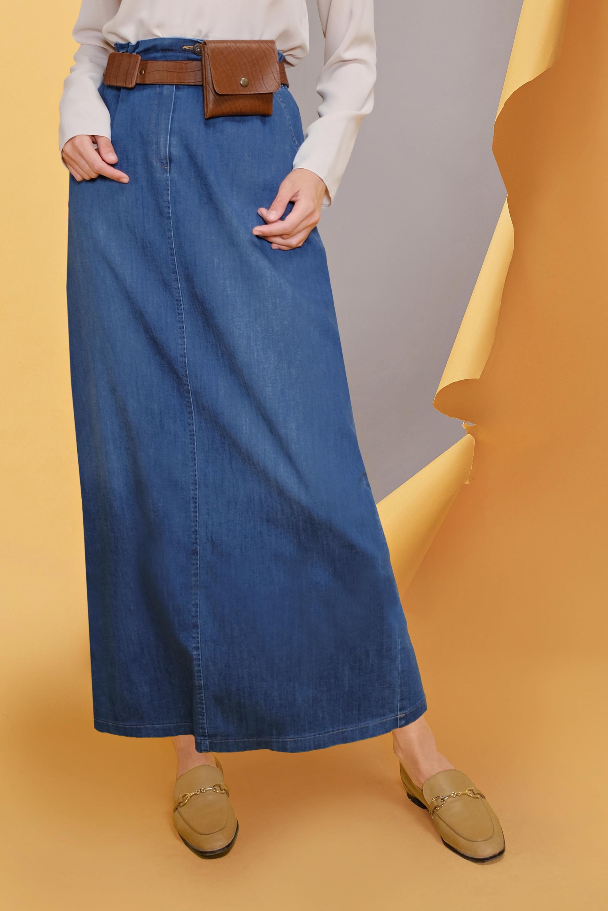 Tesettür giyim LACİVERT BELİ LASTİKLİ CEP DETAYLI ETEK 60169