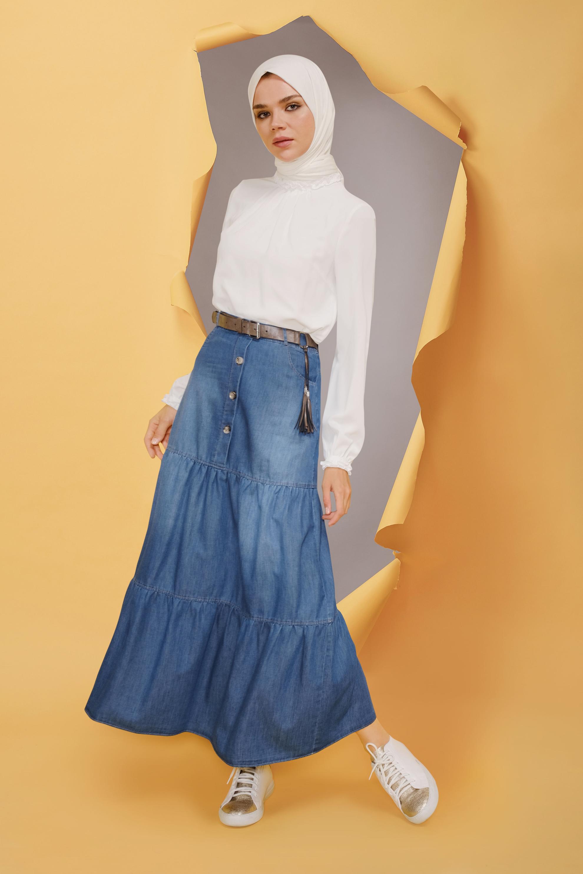 Tesettür giyim LACİVERT CEP DETAYLI DENİM ETEK 60170