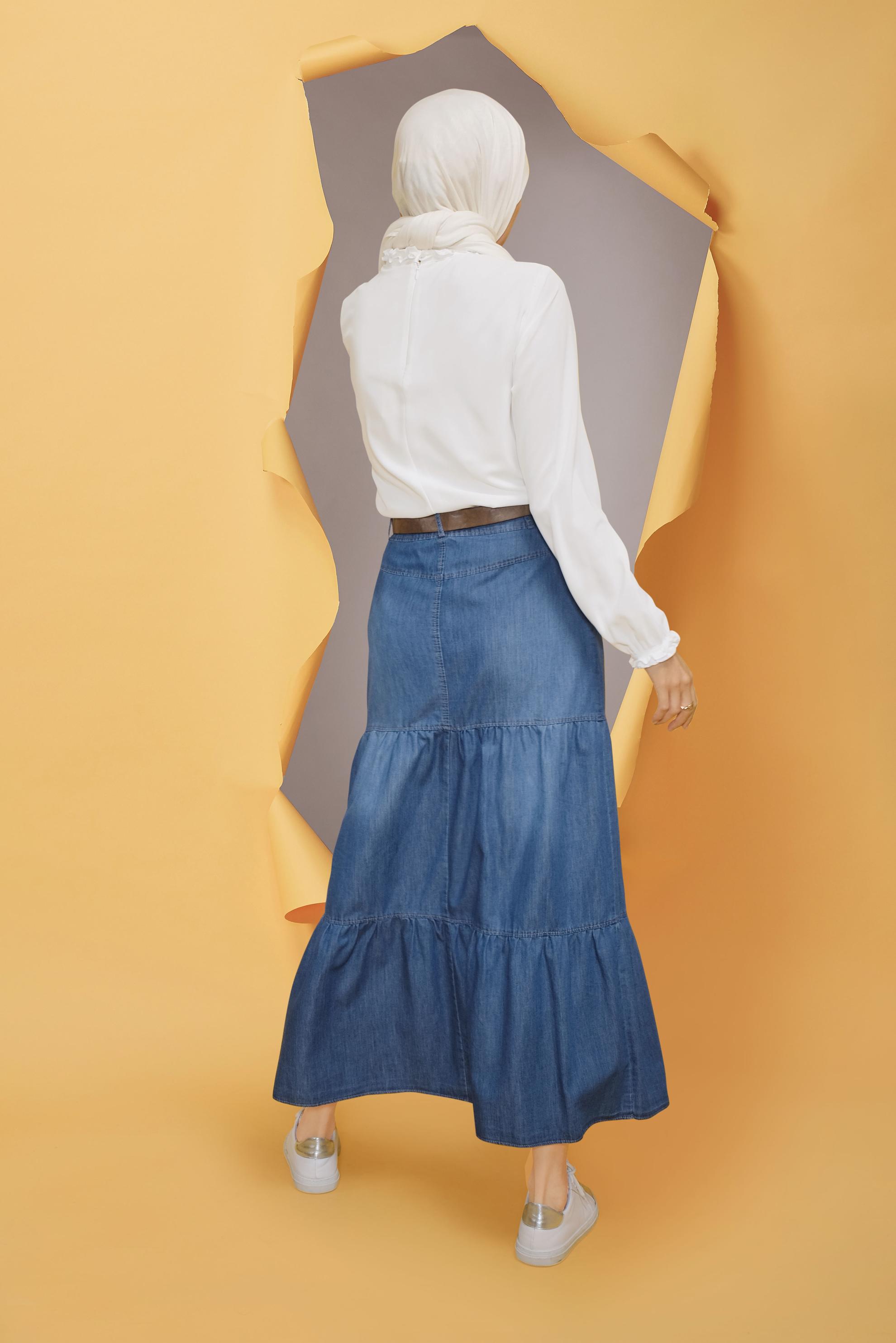 Tesettür giyim LACİVERT CEP DETAYLI DENİM ETEK 60170