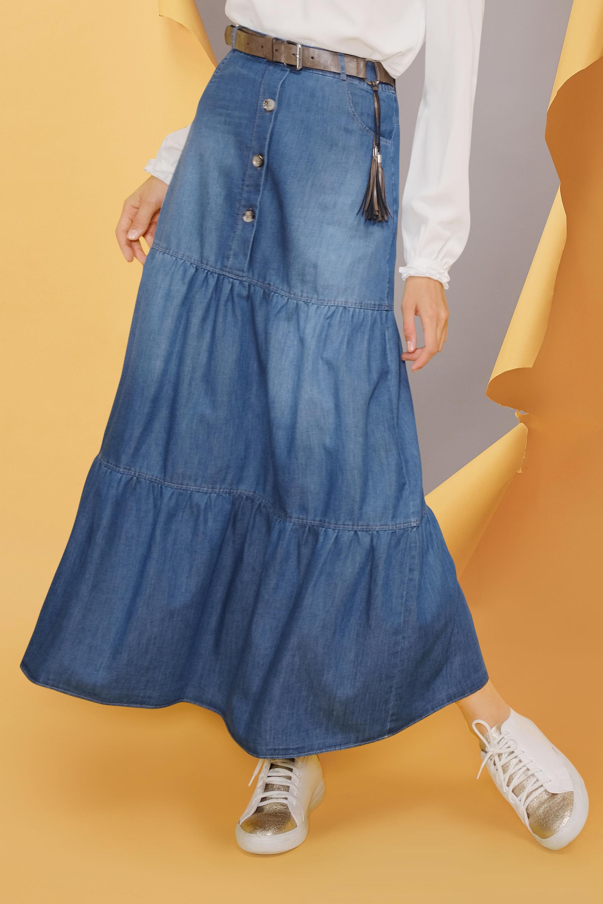 Tesettür giyim LACİVERT CEP DETAYLI DENİM ETEK 60170