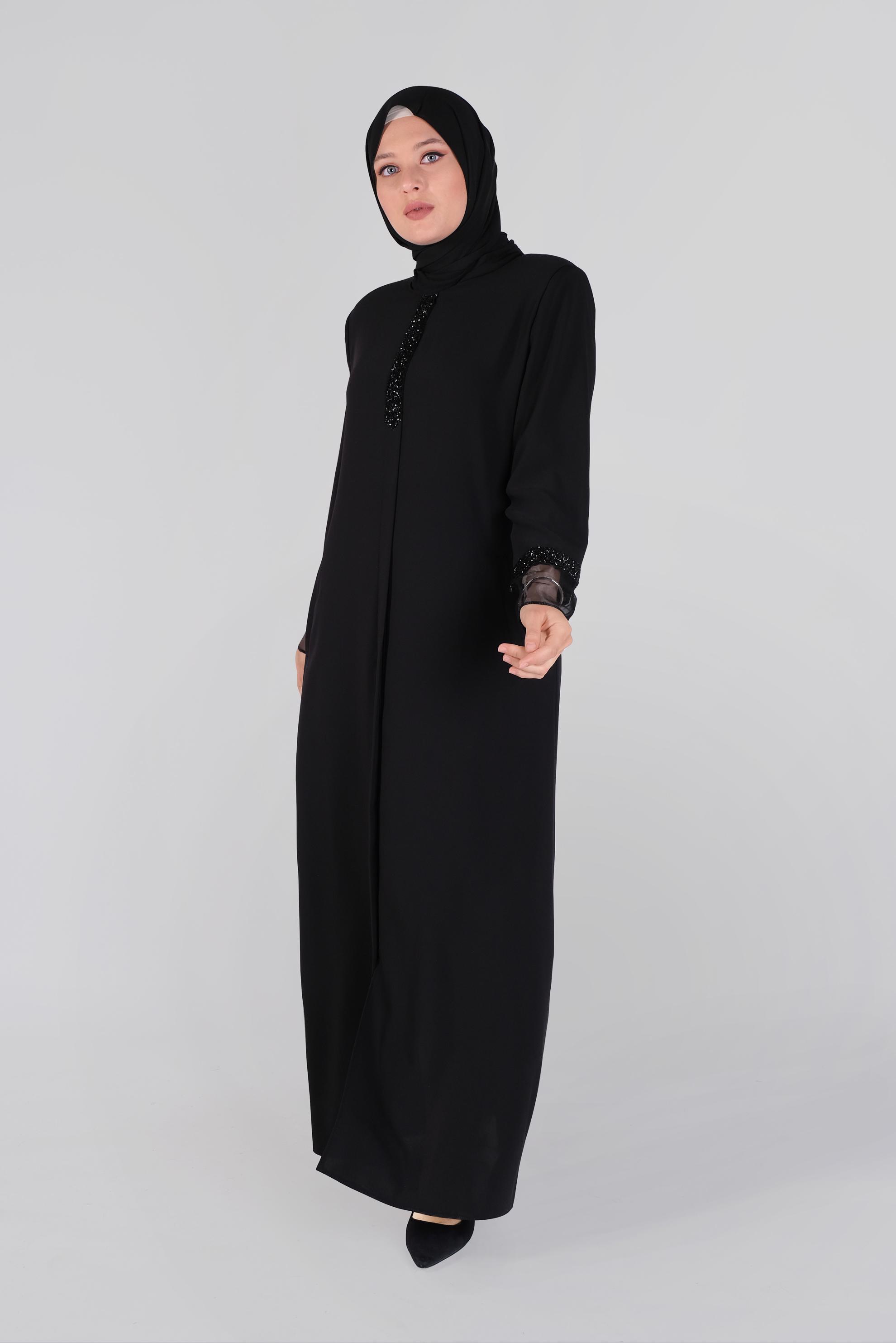 Hijab clothing BLACK STONE DETAILED TOPCOAT WITH LACE 80013 