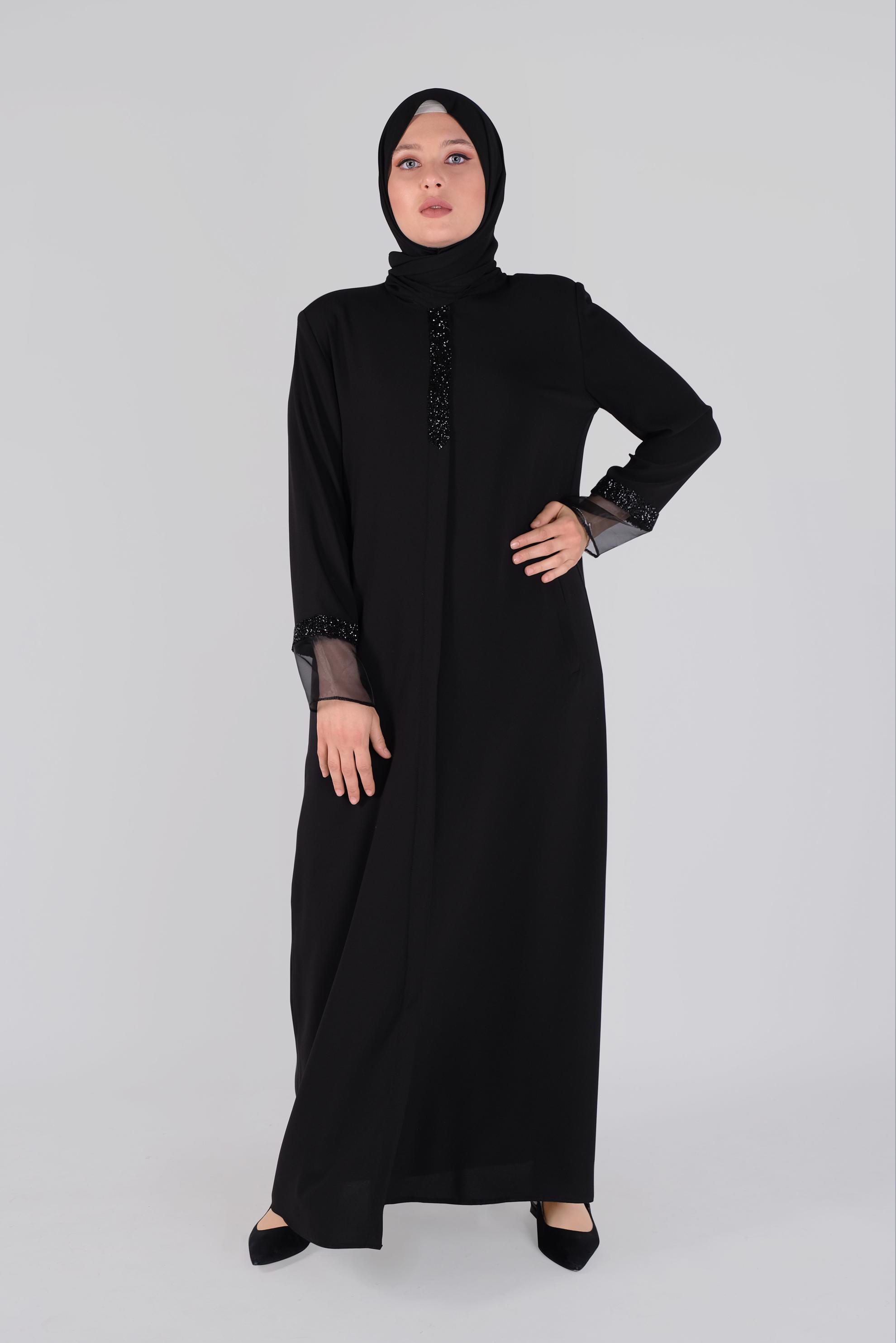Hijab clothing BLACK STONE DETAILED TOPCOAT WITH LACE 80013 