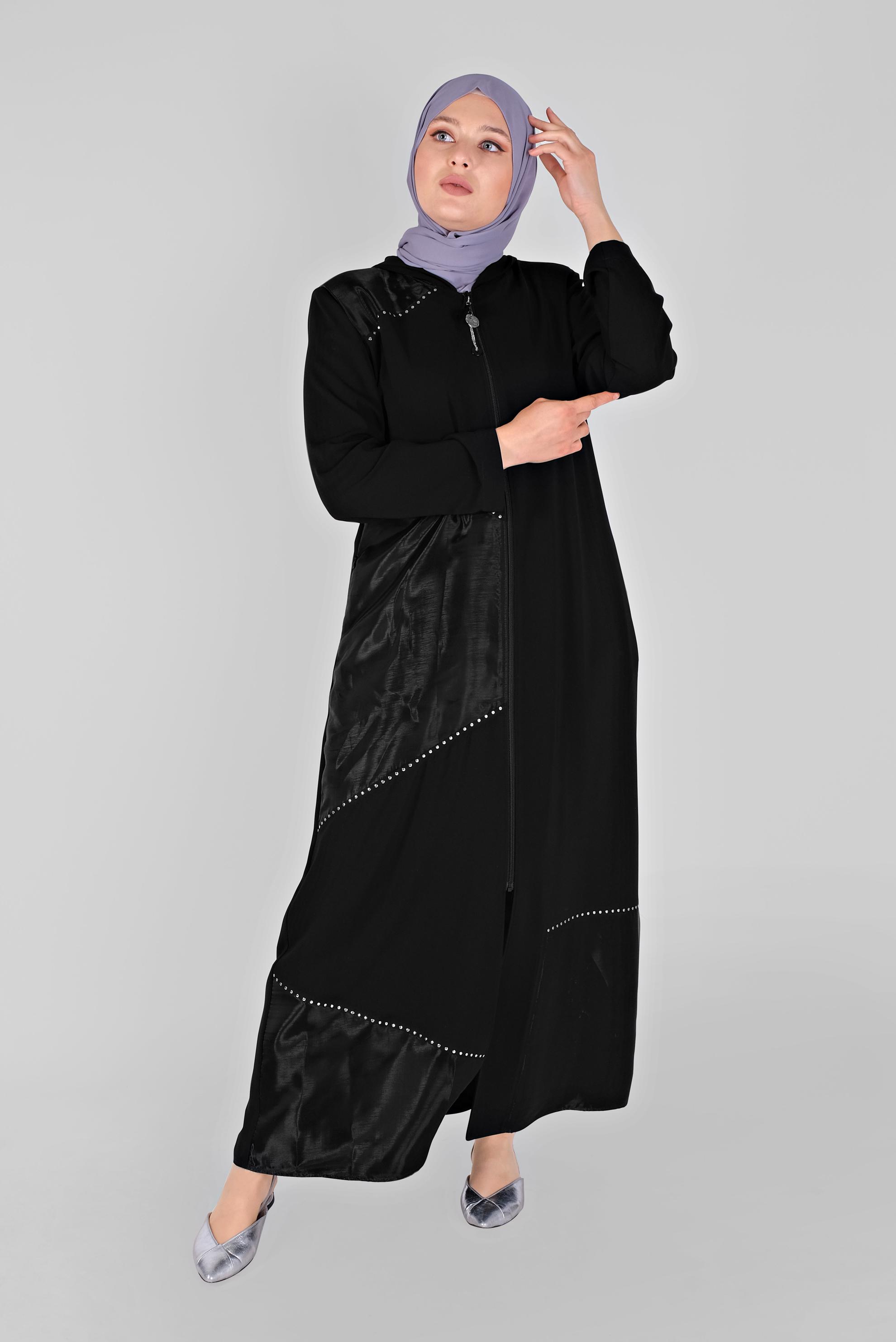 Tesettür giyim SİYAH TAŞ DETAYLI FERACE 80015 