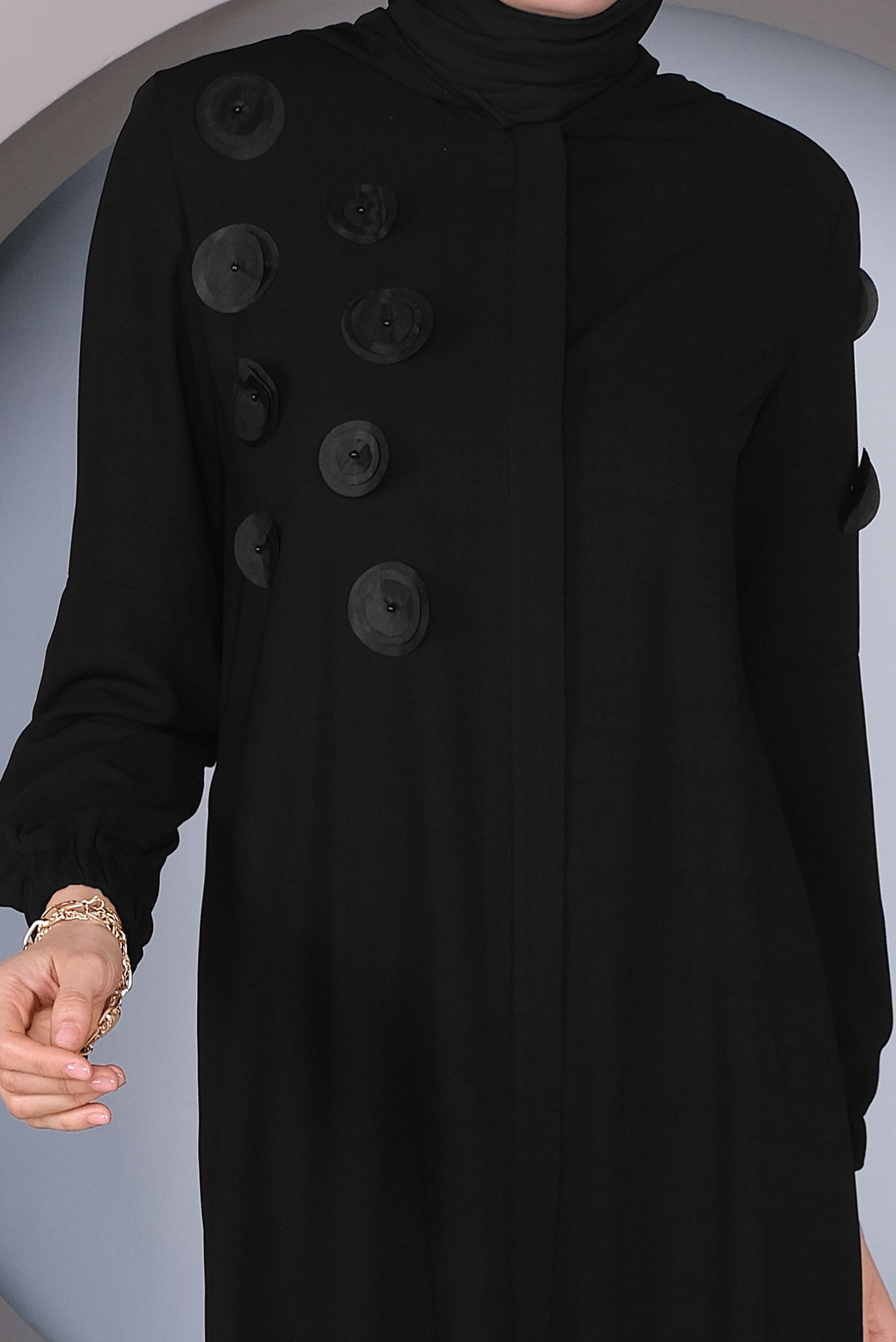 Tesettür giyim SİYAH İNCİ DETAYLI FERACE 80020