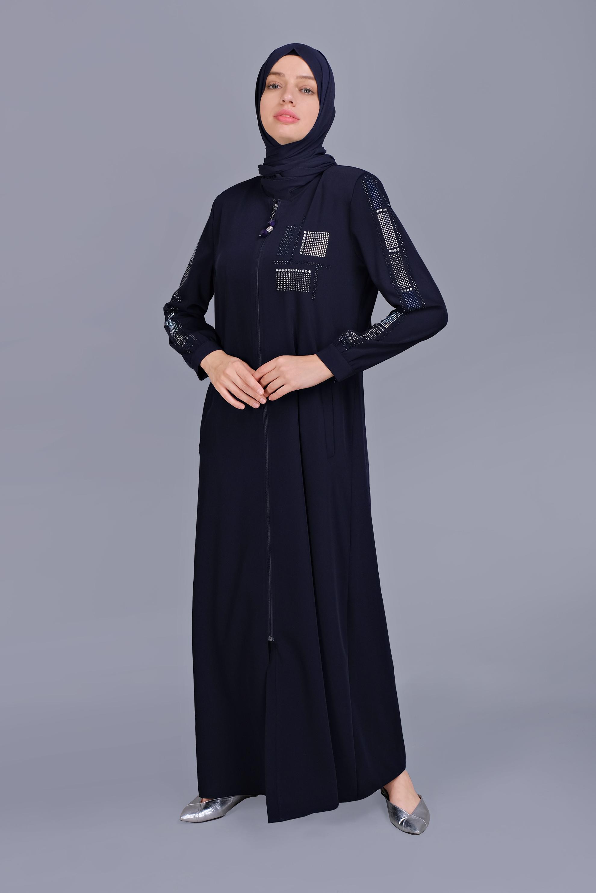 Tesettür giyim LACİVERT TAŞ BASKILI FERMUARLI FERACE 80023 