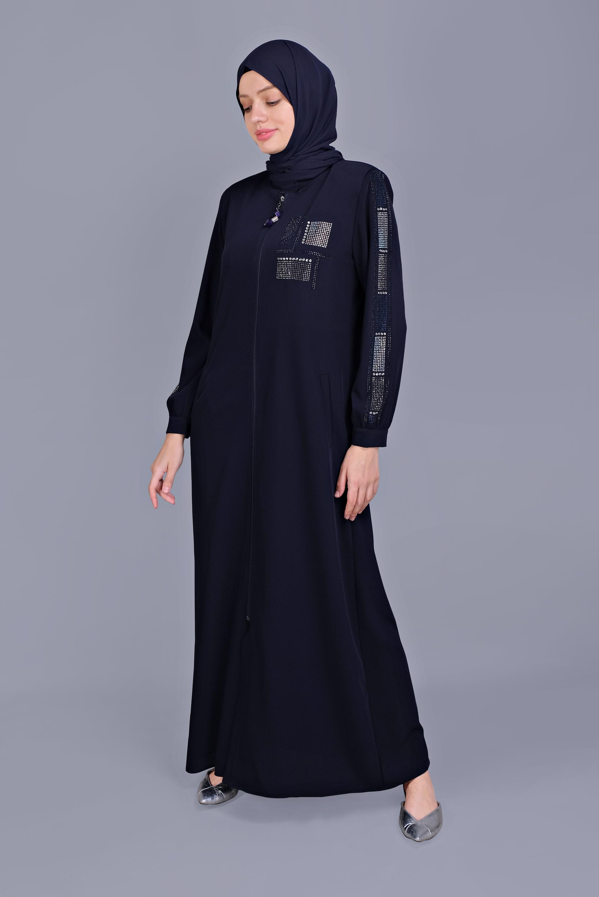 Tesettür giyim LACİVERT TAŞ BASKILI FERMUARLI FERACE 80023 