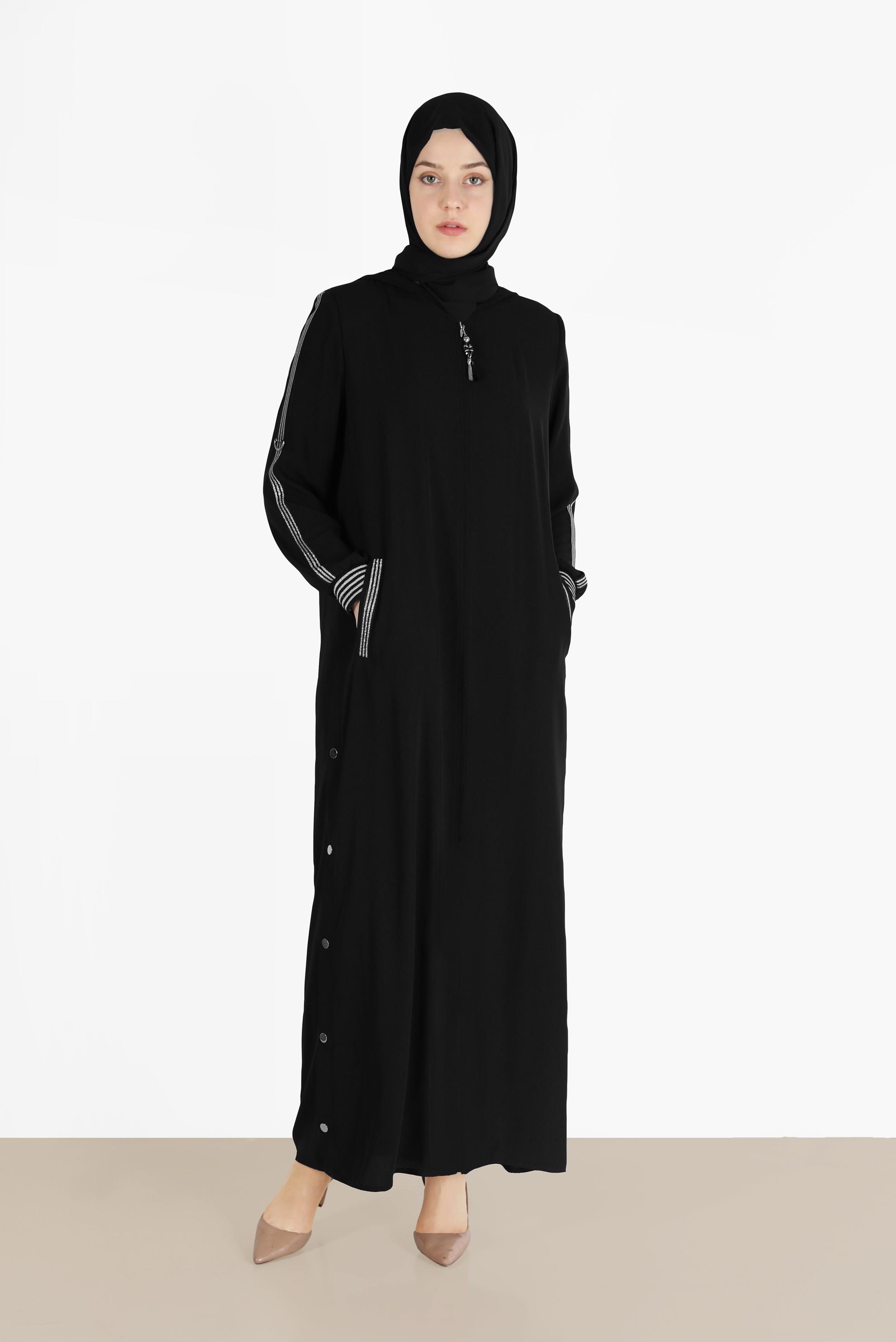 Tesettür giyim SİYAH ÇITÇIT DETAYLI FERMUARLI FERACE 80027  