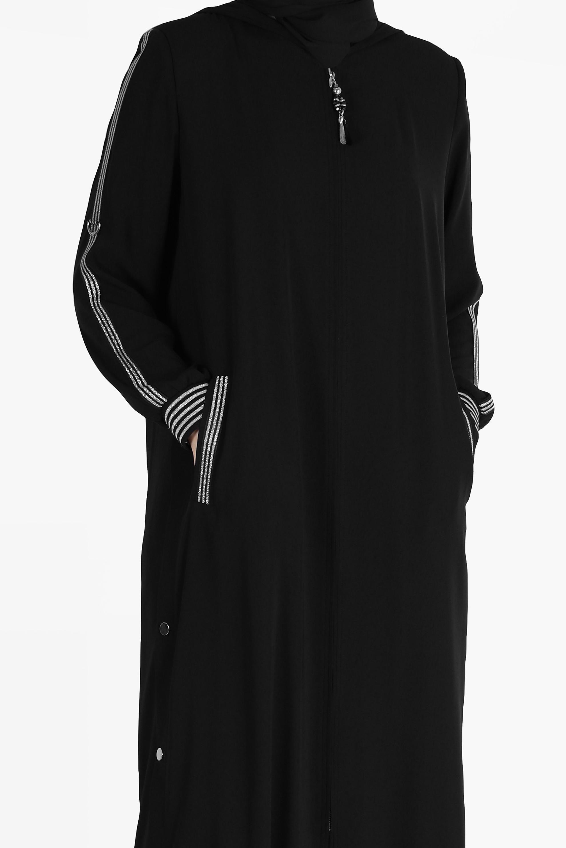 Tesettür giyim SİYAH ÇITÇIT DETAYLI FERMUARLI FERACE 80027  