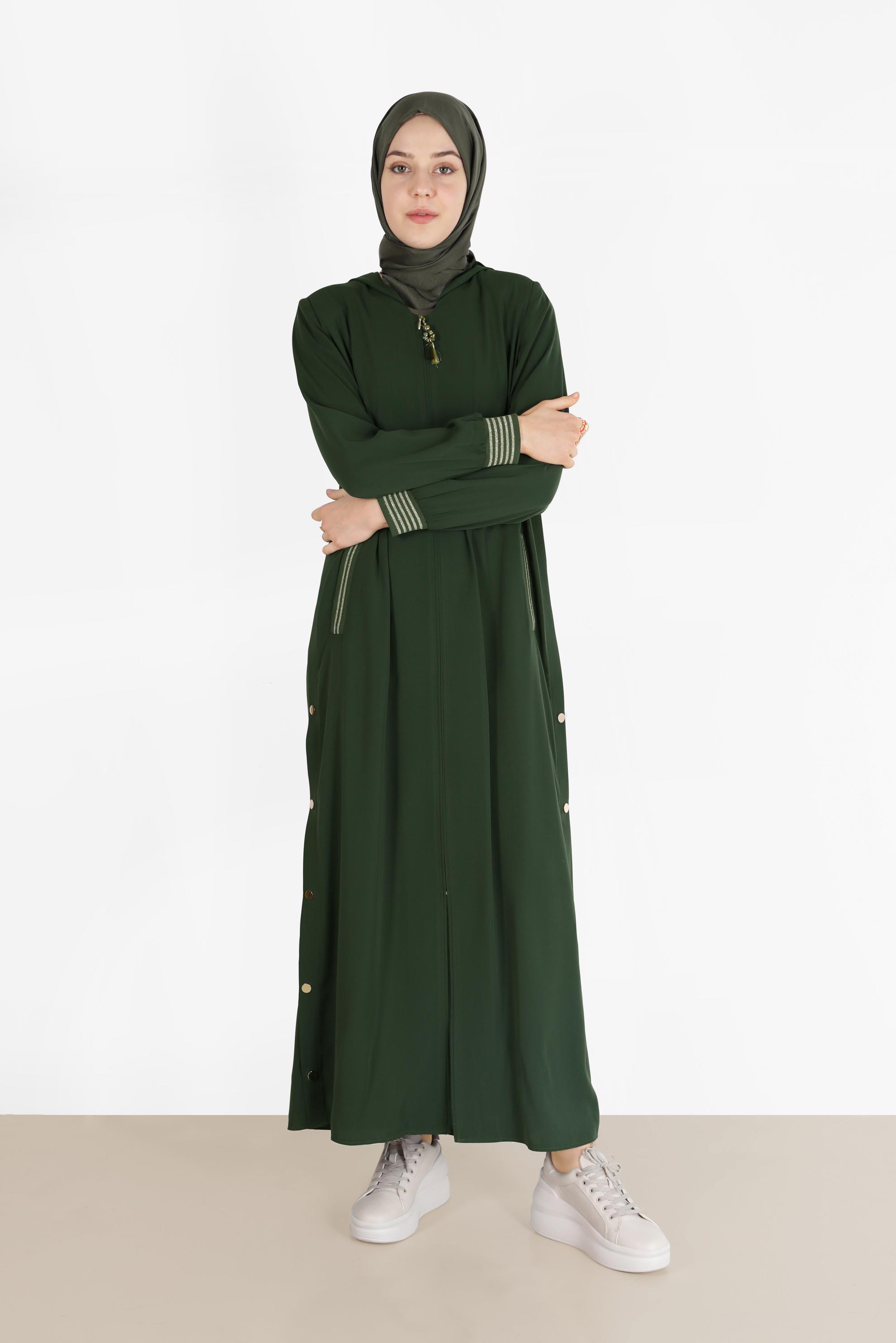 Tesettür giyim HAKİ ÇITÇIT DETAYLI FERMUARLI FERACE 80027  