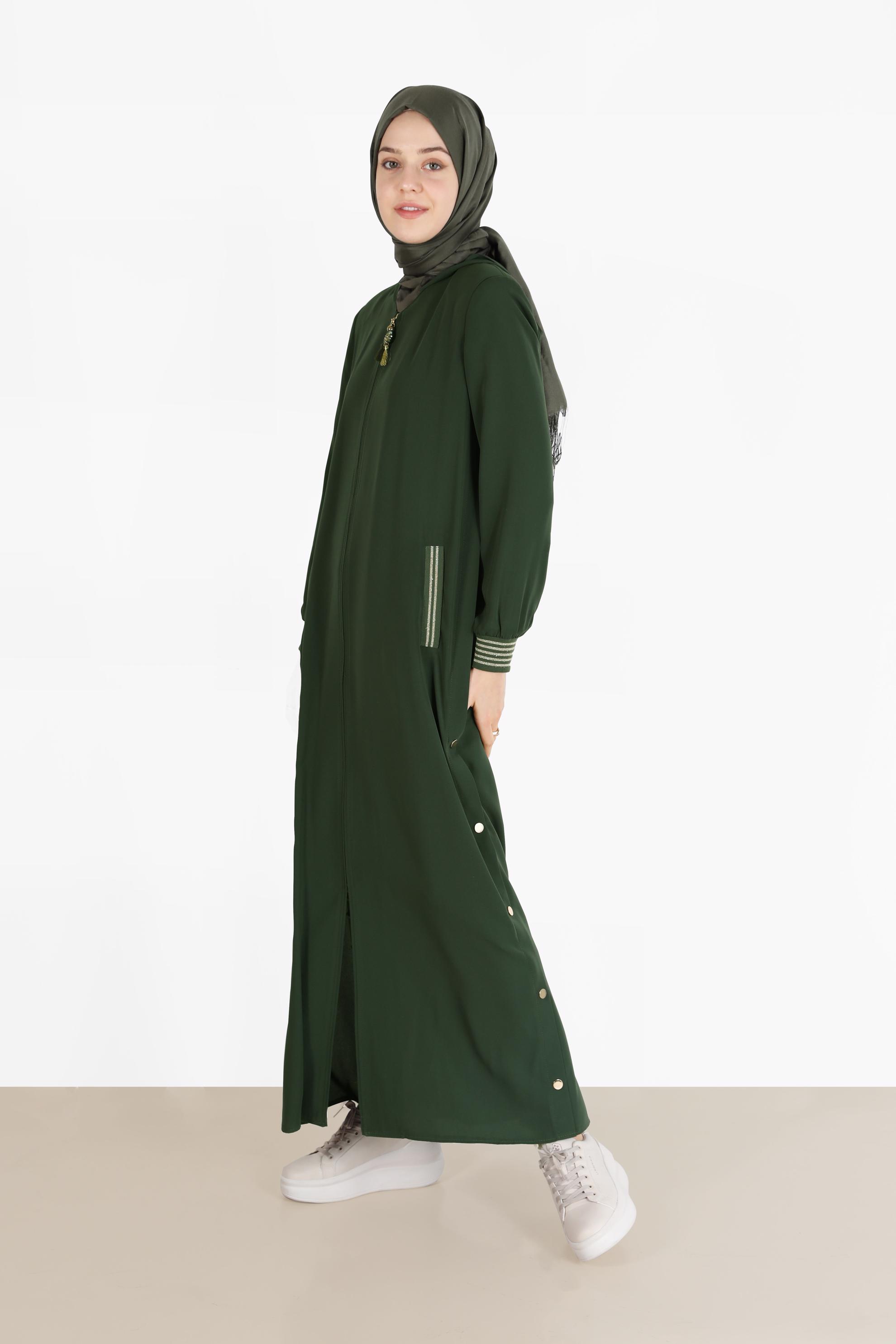 Tesettür giyim HAKİ ÇITÇIT DETAYLI FERMUARLI FERACE 80027  