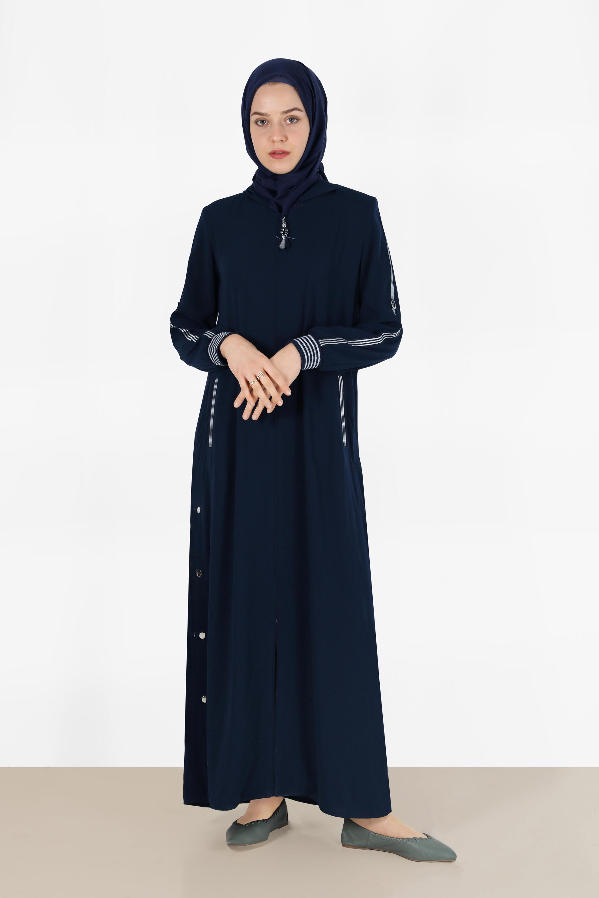 Tesettür giyim LACİVERT ÇITÇIT DETAYLI FERMUARLI FERACE 80027  