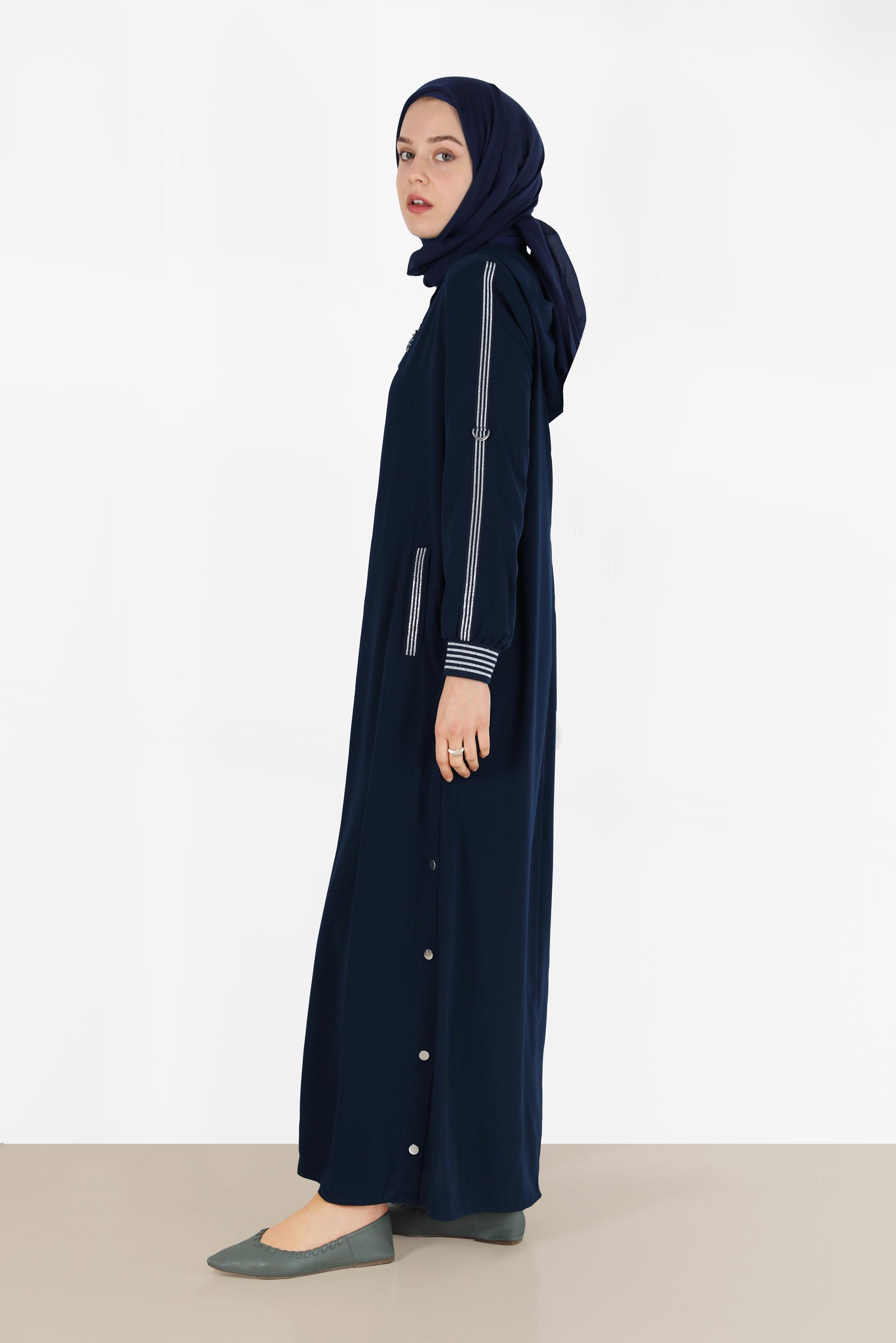 Tesettür giyim LACİVERT ÇITÇIT DETAYLI FERMUARLI FERACE 80027  