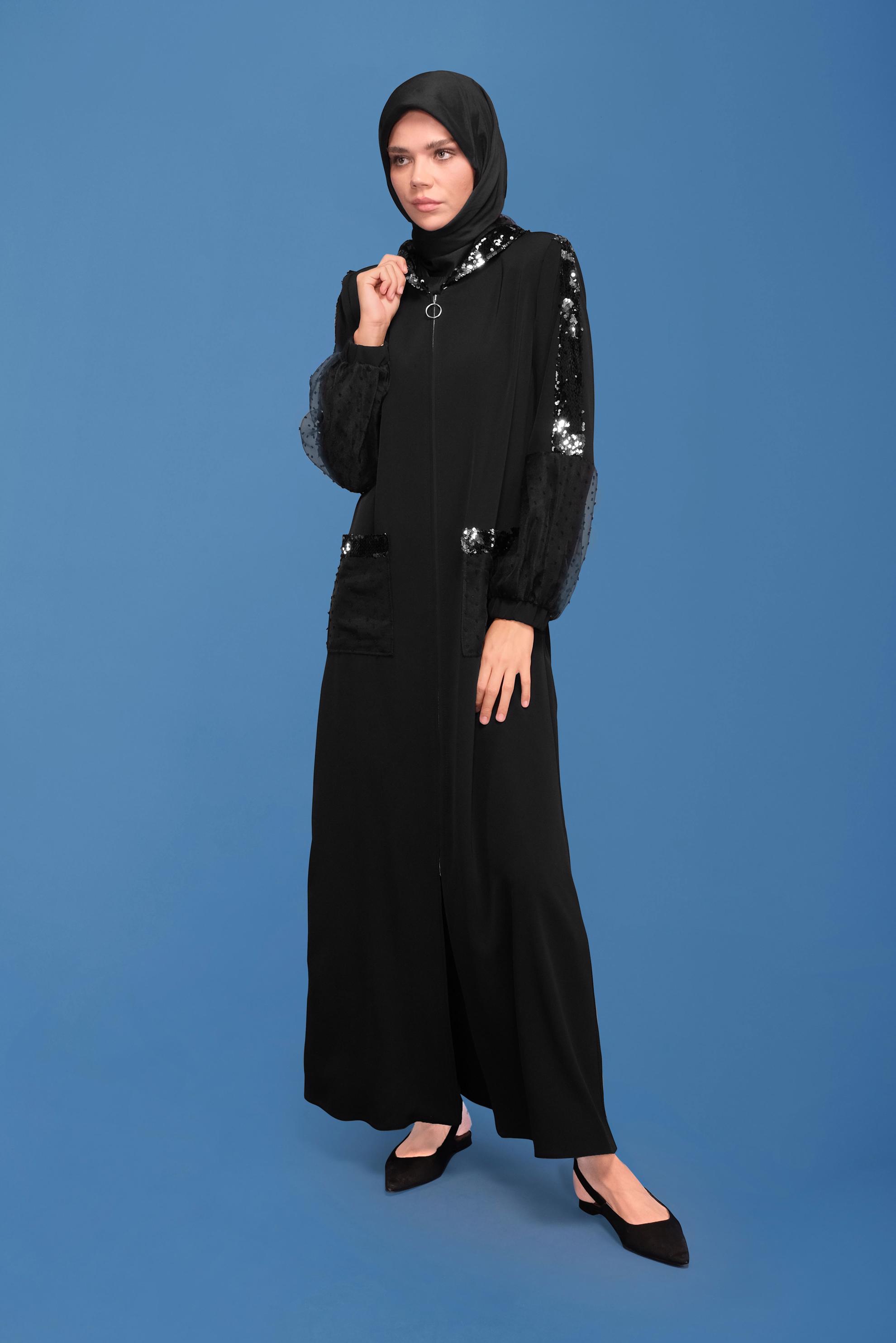 Hijab clothing BLACK SEQUIN DETAIL TULLE TOPCOAT 80032 