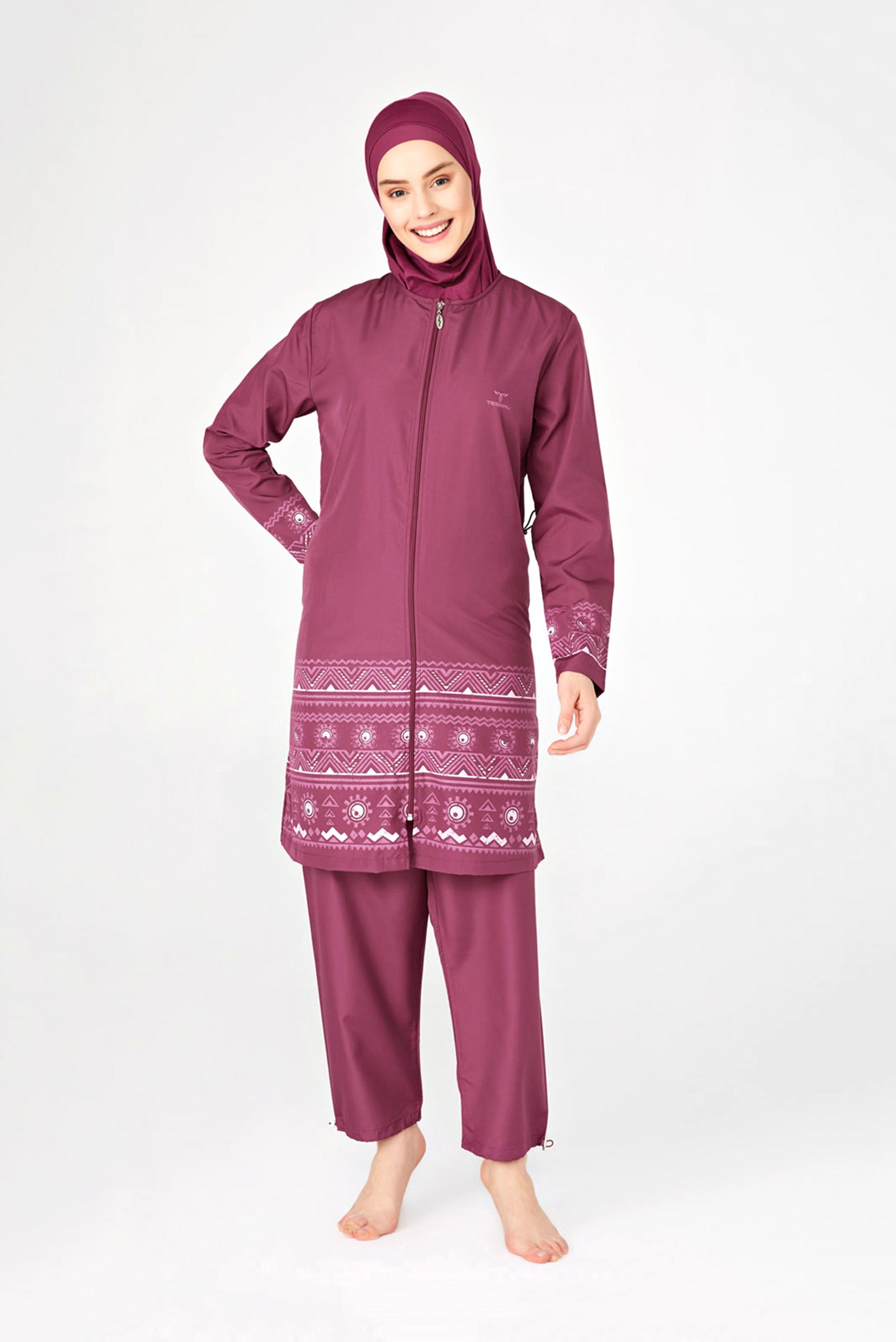 Tesettür giyim MÜRDÜM ETNİK DESENLİ  TESETTÜR MAYO 0432