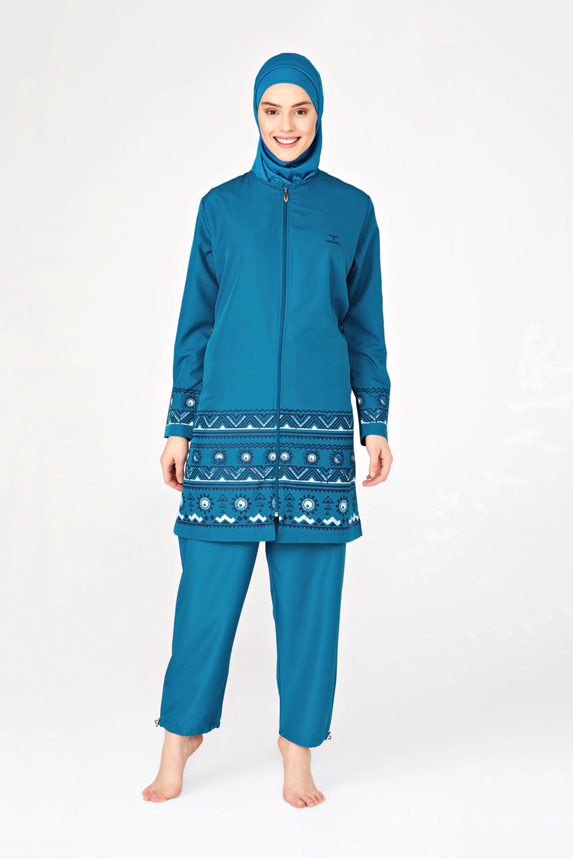 Tesettür giyim MAVİ ETNİK DESENLİ  TESETTÜR MAYO 0432
