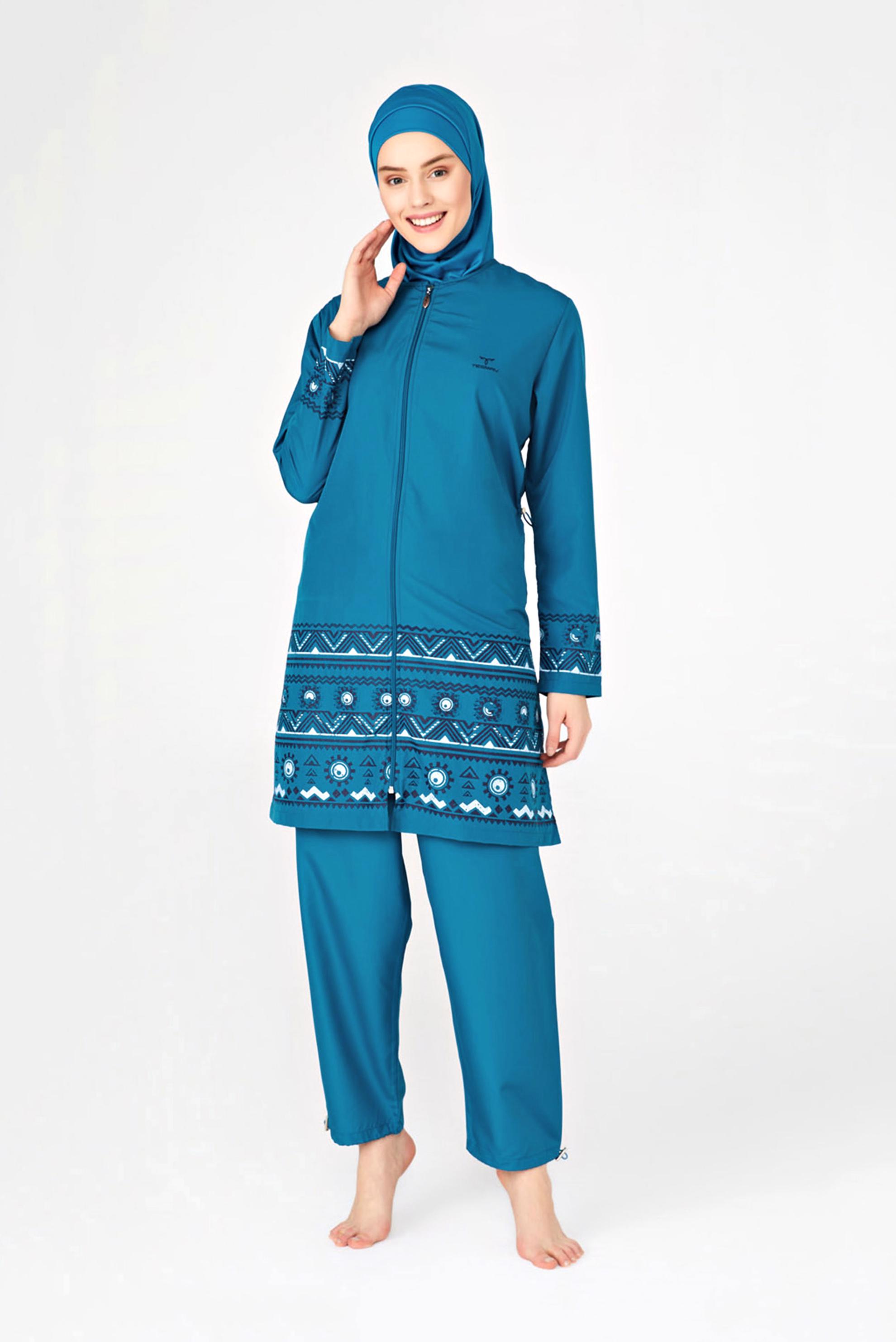 Tesettür giyim MAVİ ETNİK DESENLİ  TESETTÜR MAYO 0432