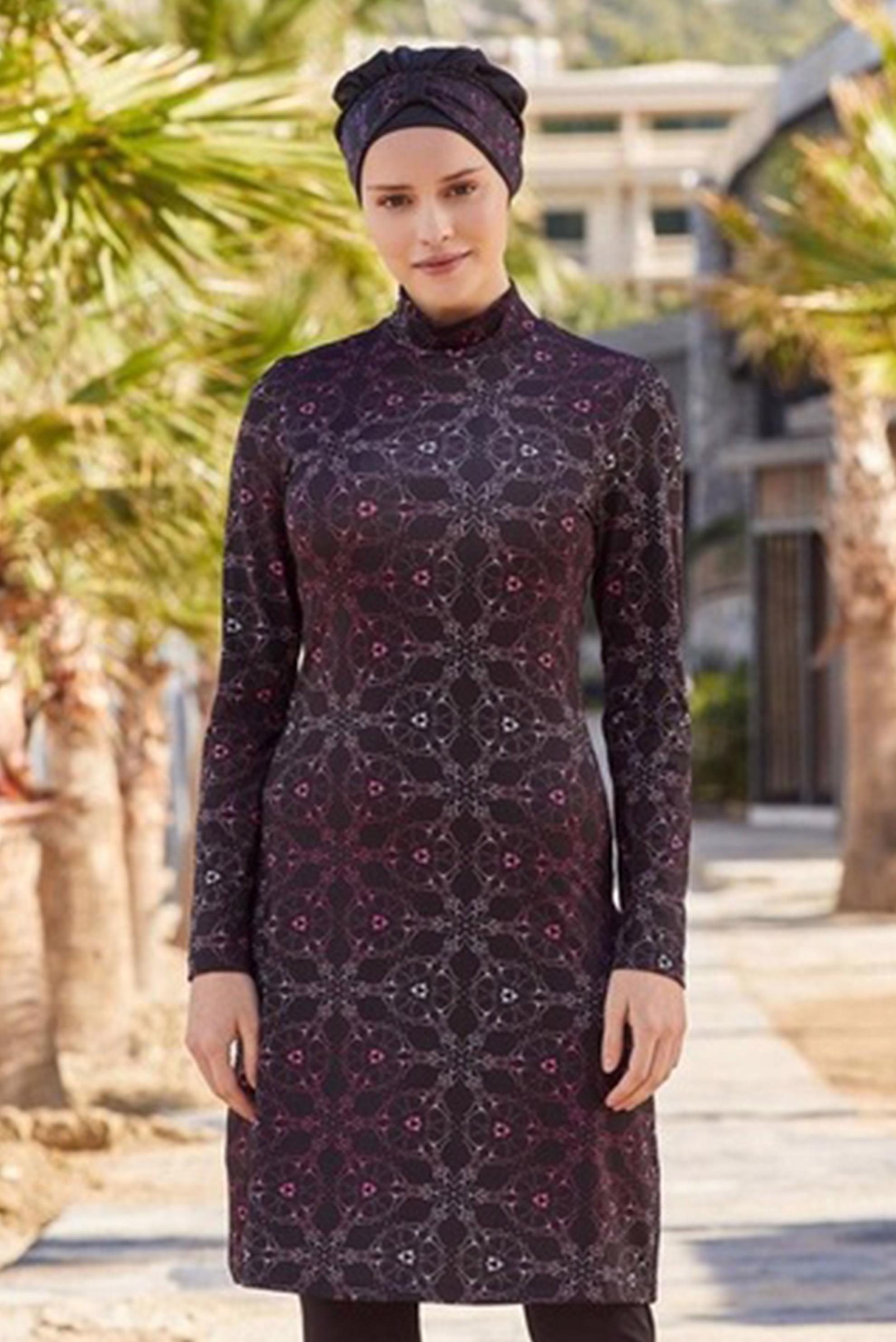Tesettür giyim SİYAH ETNİK DESENLİ LİKRALI TESETTÜR MAYO TAKIM 0480