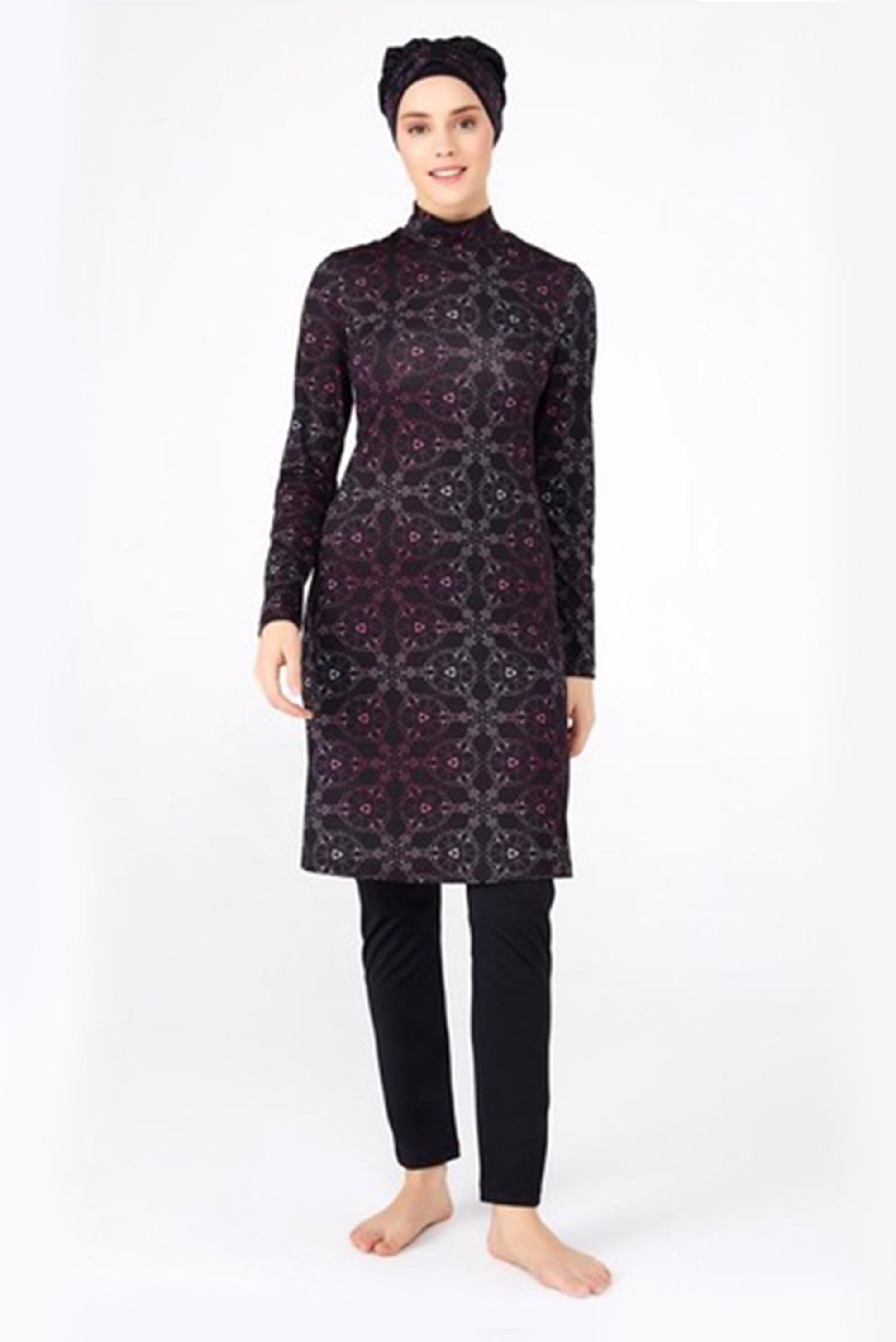 Tesettür giyim SİYAH ETNİK DESENLİ LİKRALI TESETTÜR MAYO TAKIM 0480