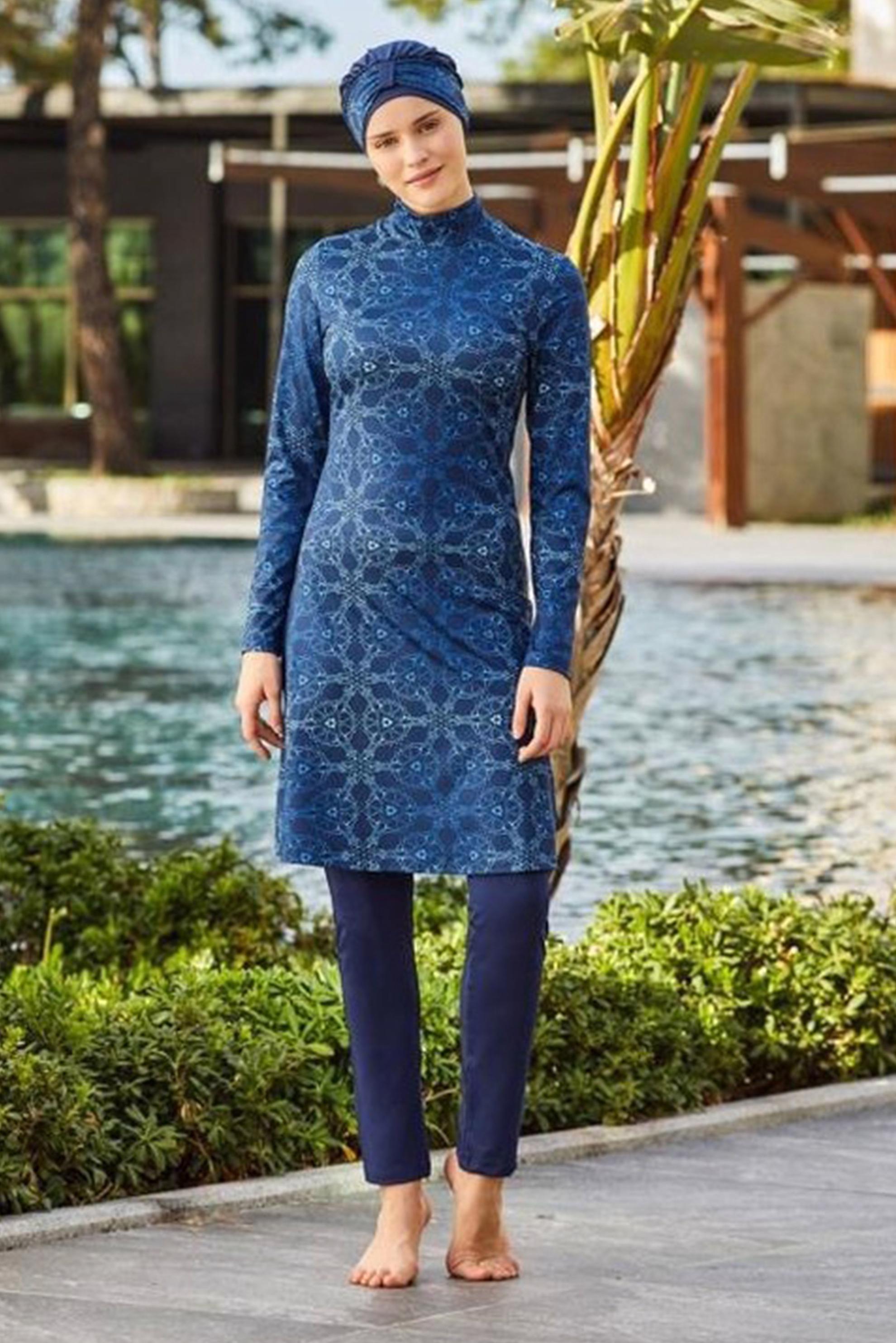 Tesettür giyim LACİVERT ETNİK DESENLİ LİKRALI TESETTÜR MAYO TAKIM 0480