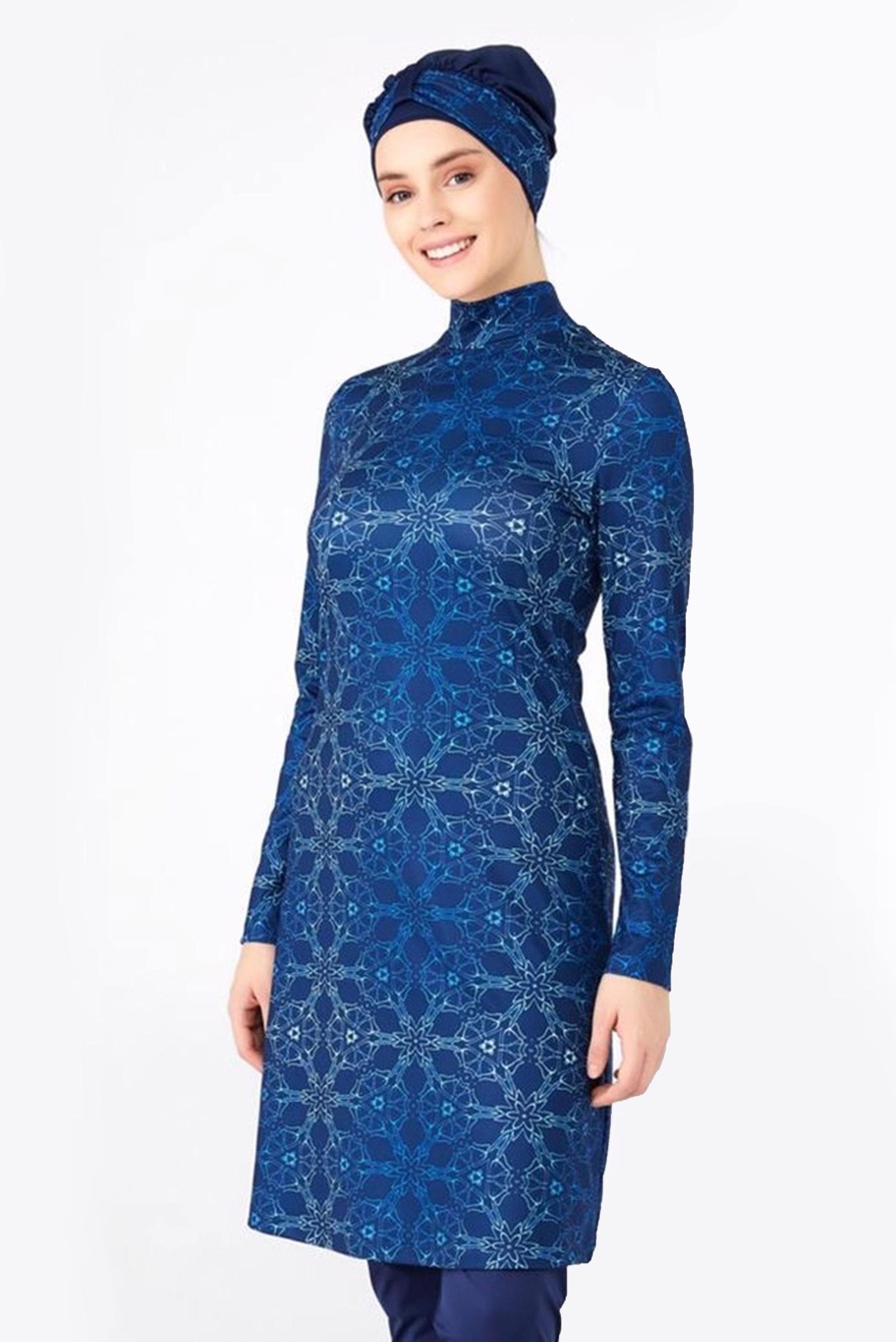 Tesettür giyim LACİVERT ETNİK DESENLİ LİKRALI TESETTÜR MAYO TAKIM 0480