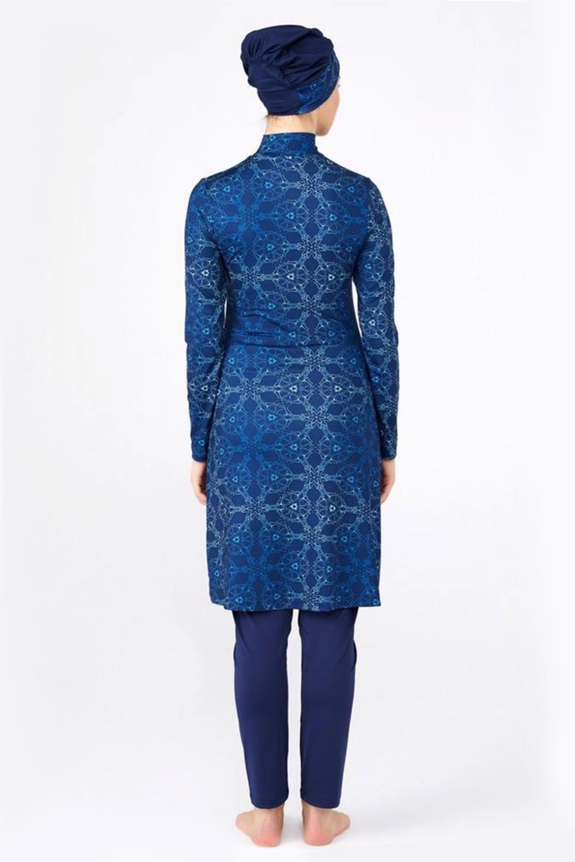 Tesettür giyim LACİVERT ETNİK DESENLİ LİKRALI TESETTÜR MAYO TAKIM 0480
