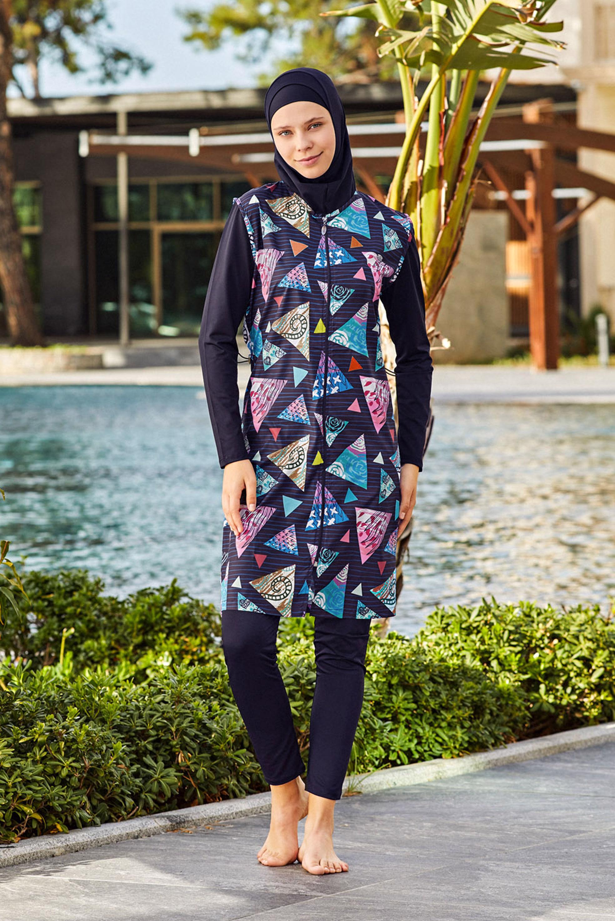 Hijab clothing NAVY BLUE GEOMETRIC PATTERNED HIJAB SWIMSUIT 2166 