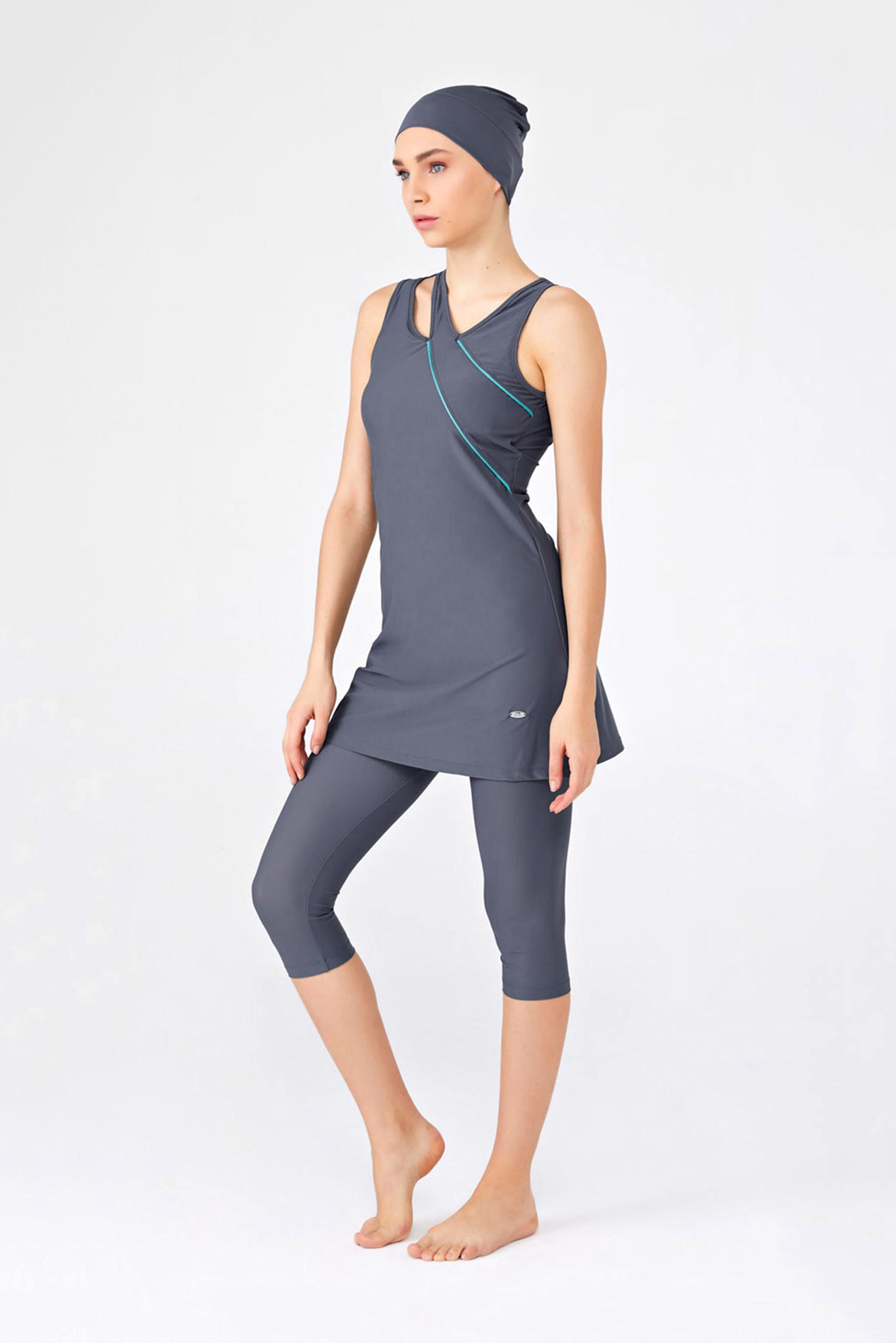 Tesettür giyim GRİ KALIN ASKILI RENKLİ ÇİZGİSEL DETAYLI HAVUZ  MAYO 3203 