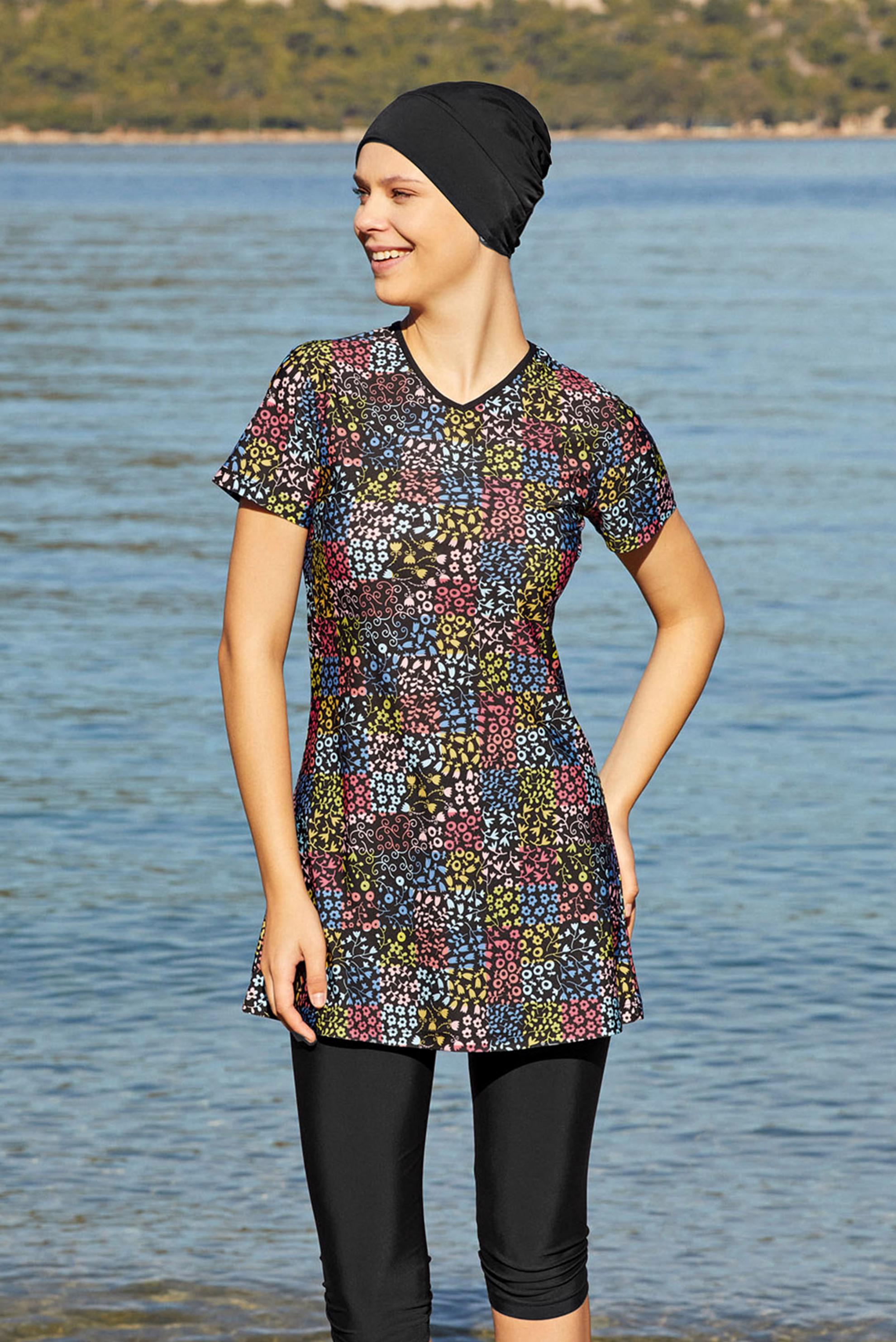 Hijab clothing BLACK MIXED PATTERNED POOL SWIMSUIT 3314 