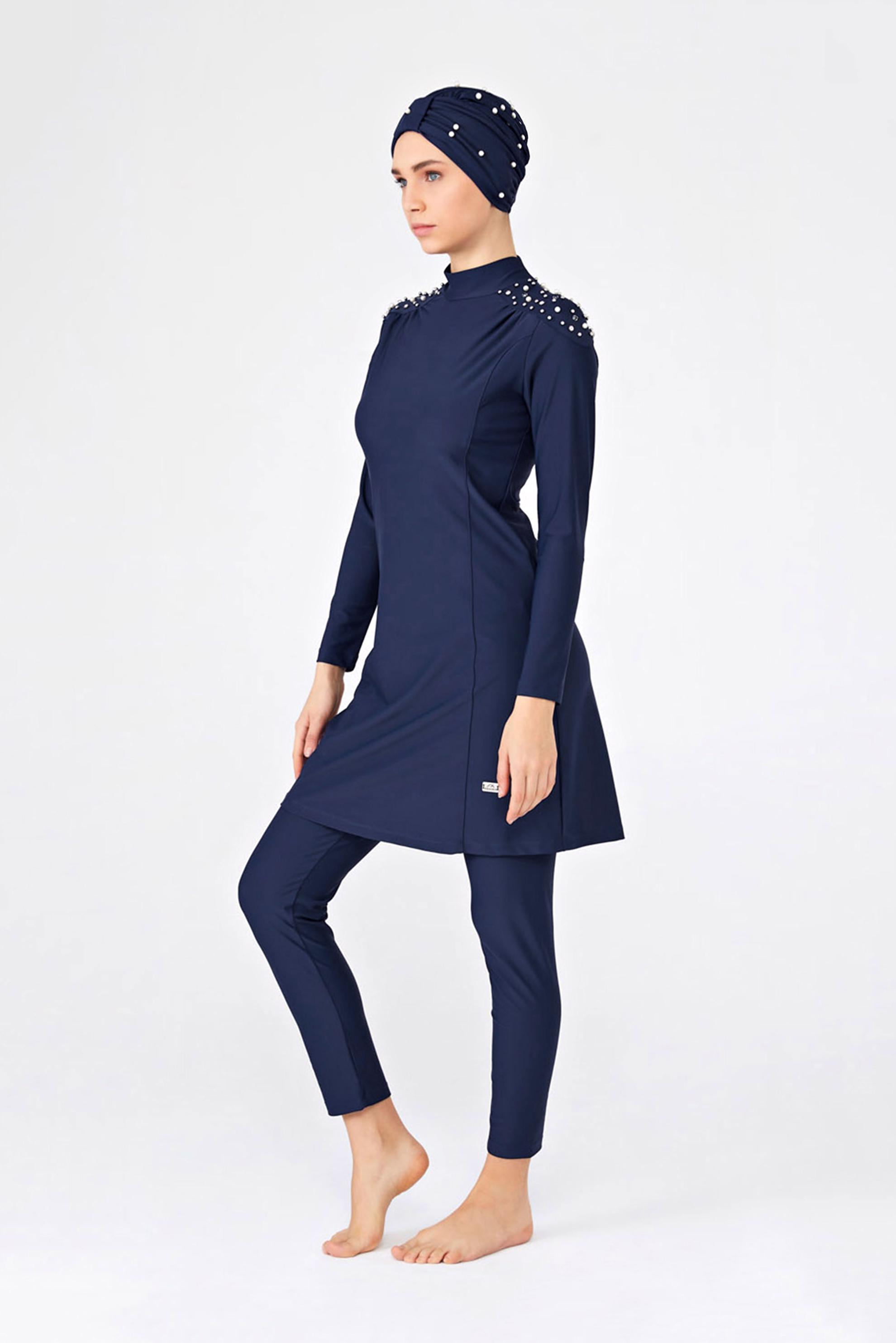 Tesettür giyim LACİVERT İNCİ VE TAŞ İŞLEMELİ TESETTÜR MAYO 4240 