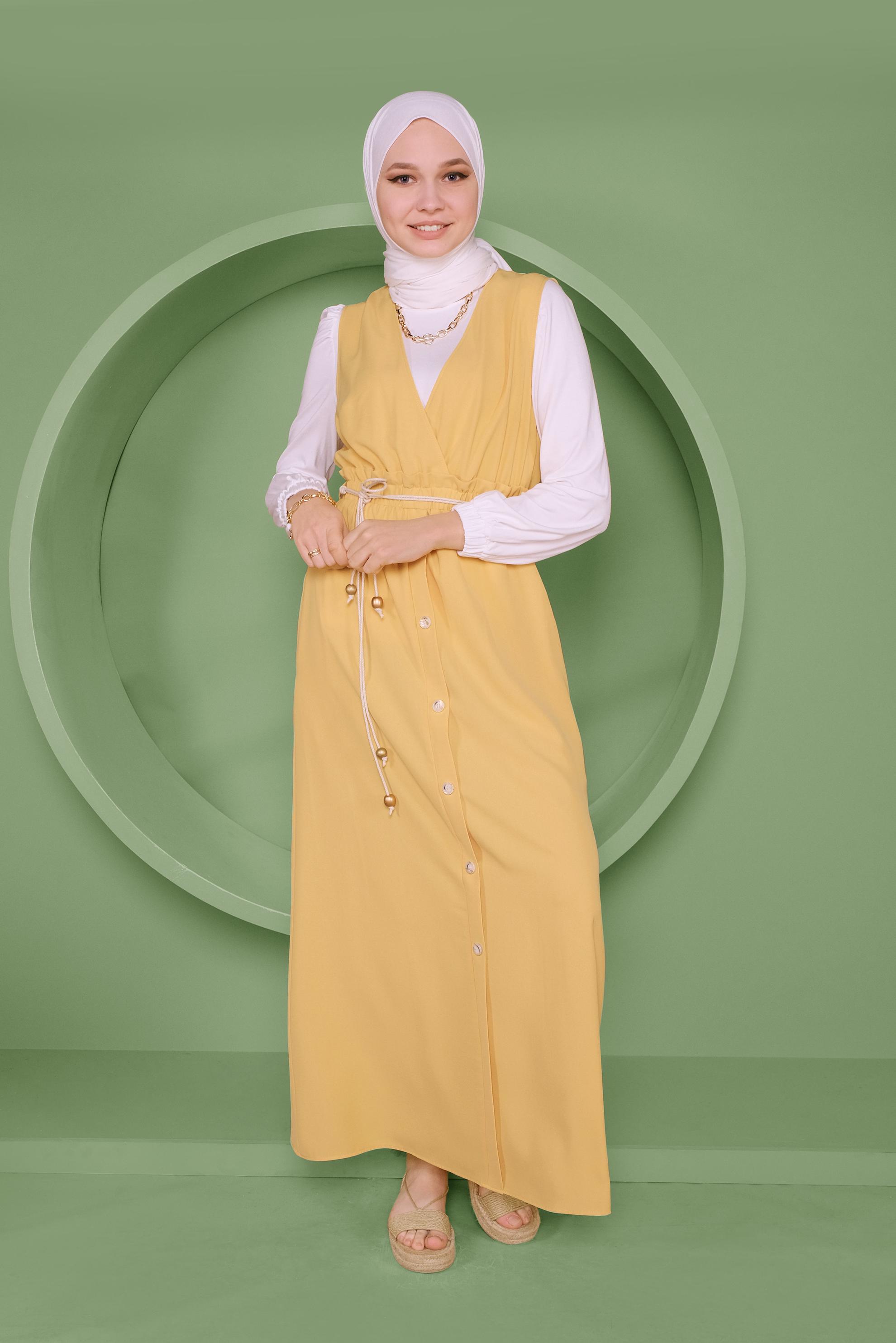 Tesettür giyim SARI BEL KISMI LASTİKLİ DÜĞMELİ İKİLİ JİLE 41410