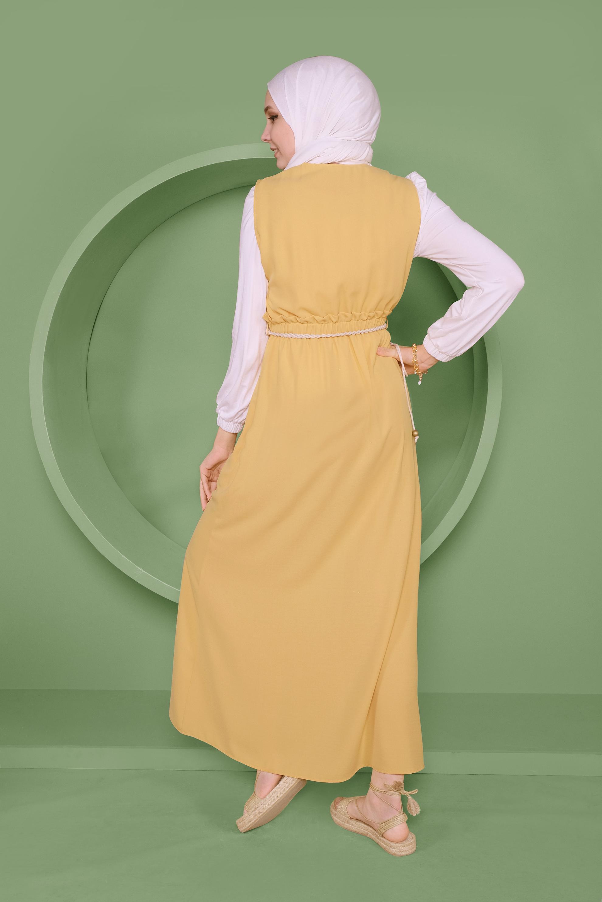 Tesettür giyim SARI BEL KISMI LASTİKLİ DÜĞMELİ İKİLİ JİLE 41410