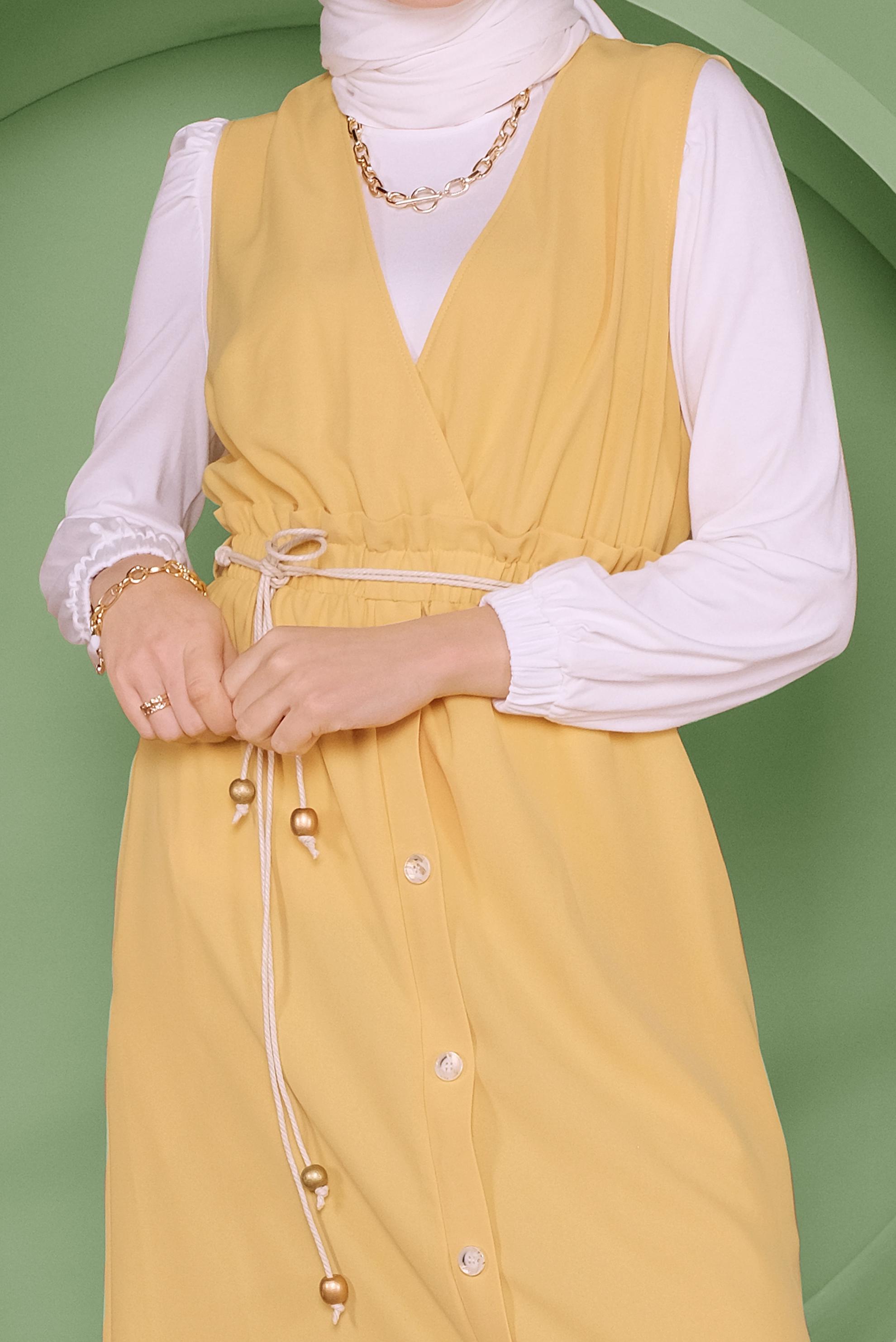 Tesettür giyim SARI BEL KISMI LASTİKLİ DÜĞMELİ İKİLİ JİLE 41410