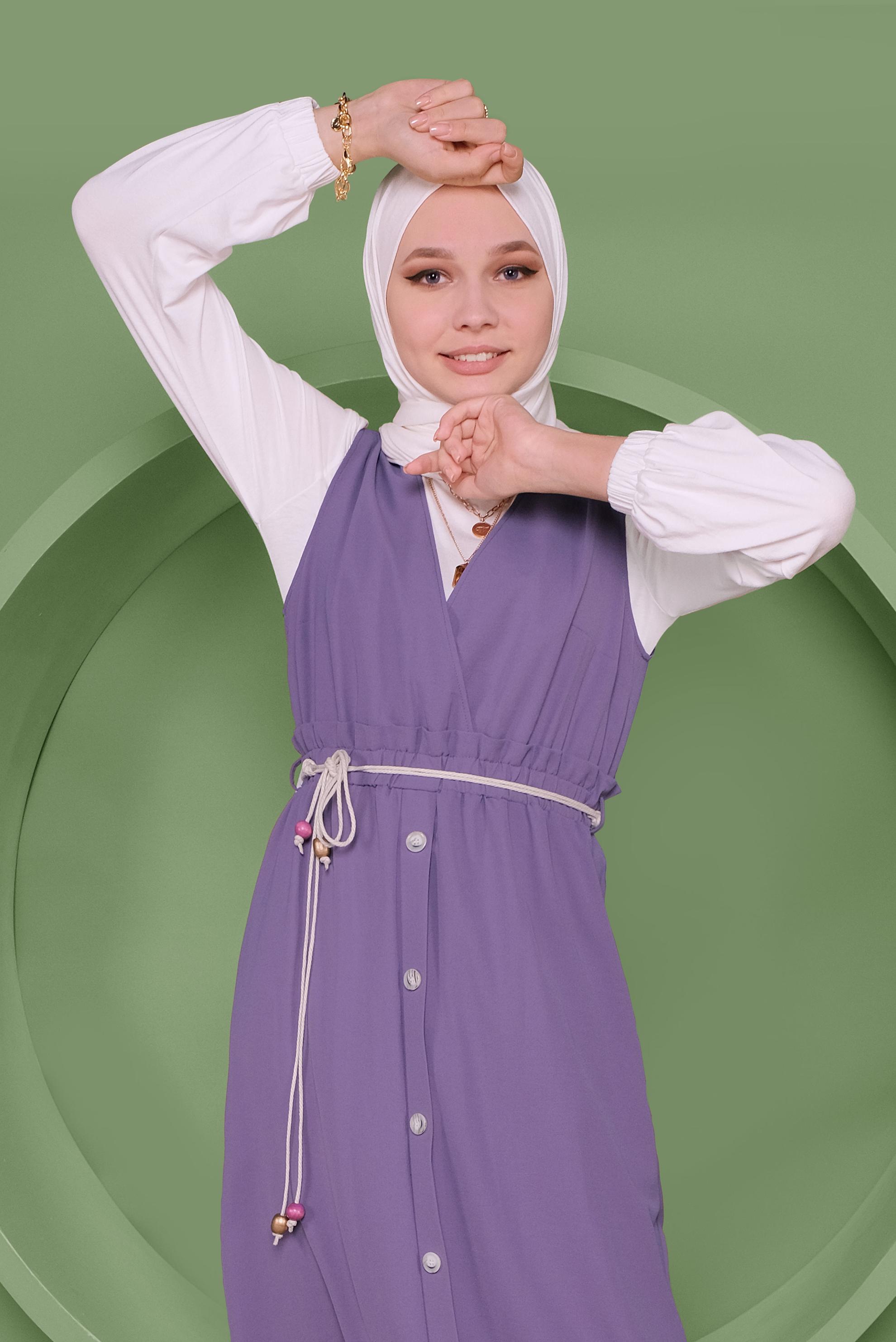 Tesettür giyim MOR BEL KISMI LASTİKLİ DÜĞMELİ İKİLİ JİLE 41410