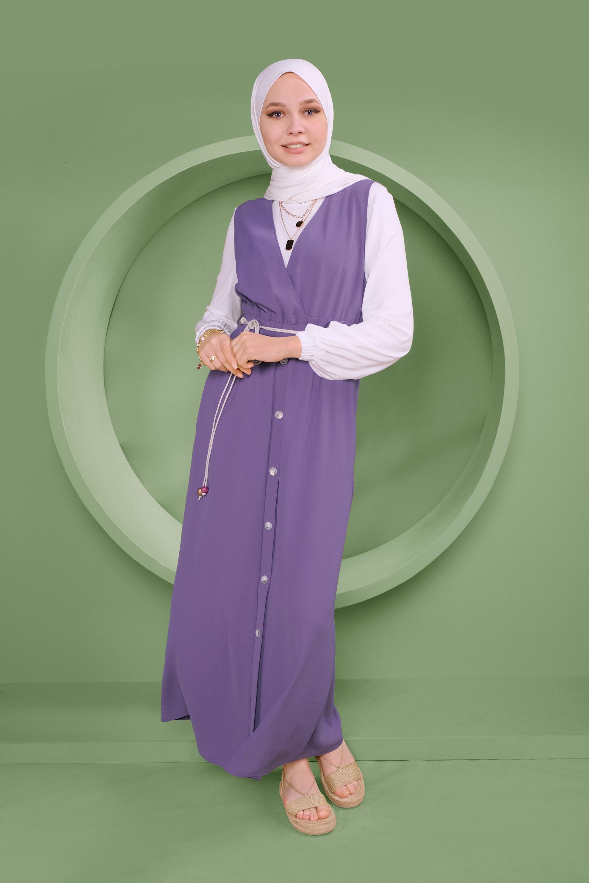 Tesettür giyim MOR BEL KISMI LASTİKLİ DÜĞMELİ İKİLİ JİLE 41410