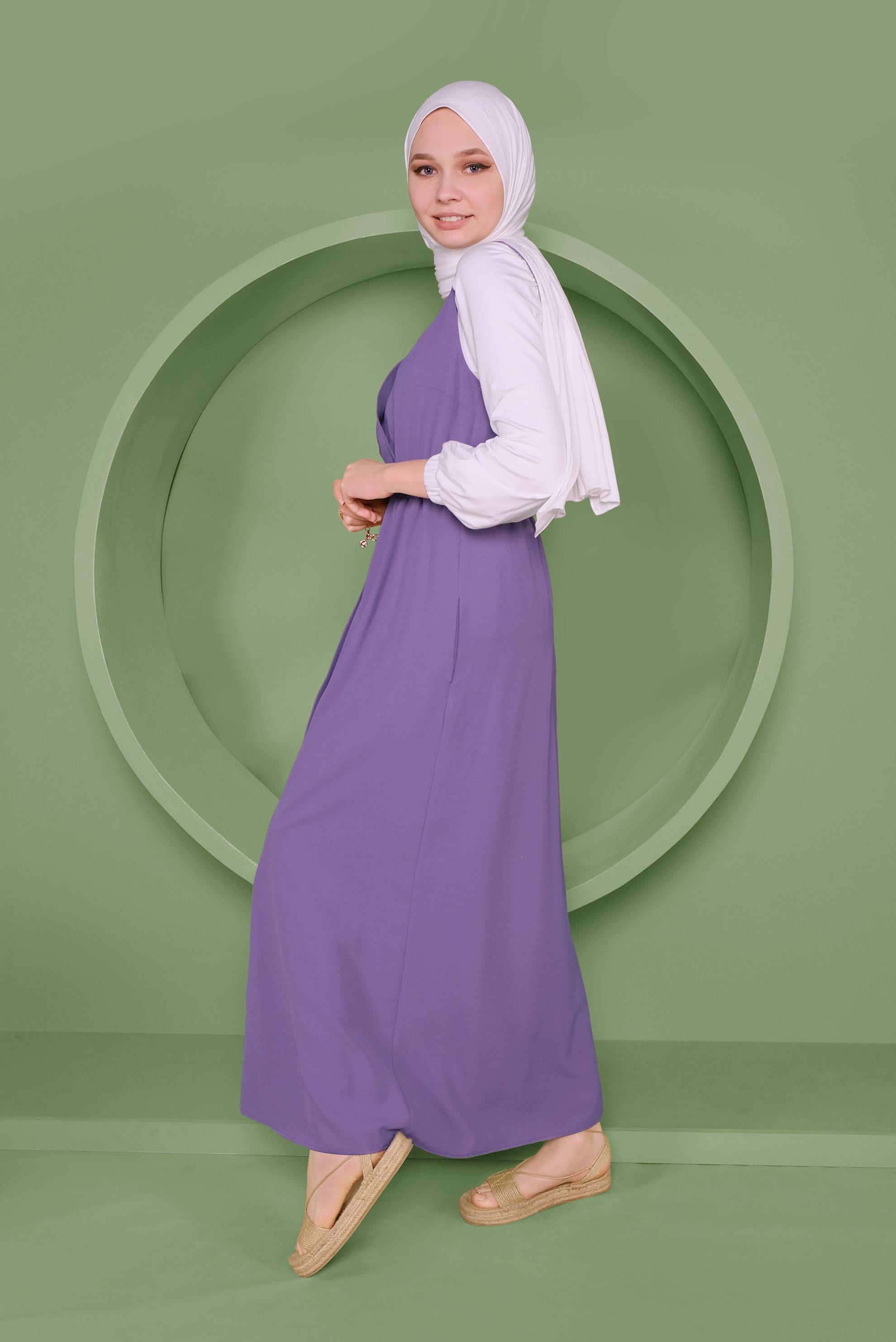 Tesettür giyim MOR BEL KISMI LASTİKLİ DÜĞMELİ İKİLİ JİLE 41410