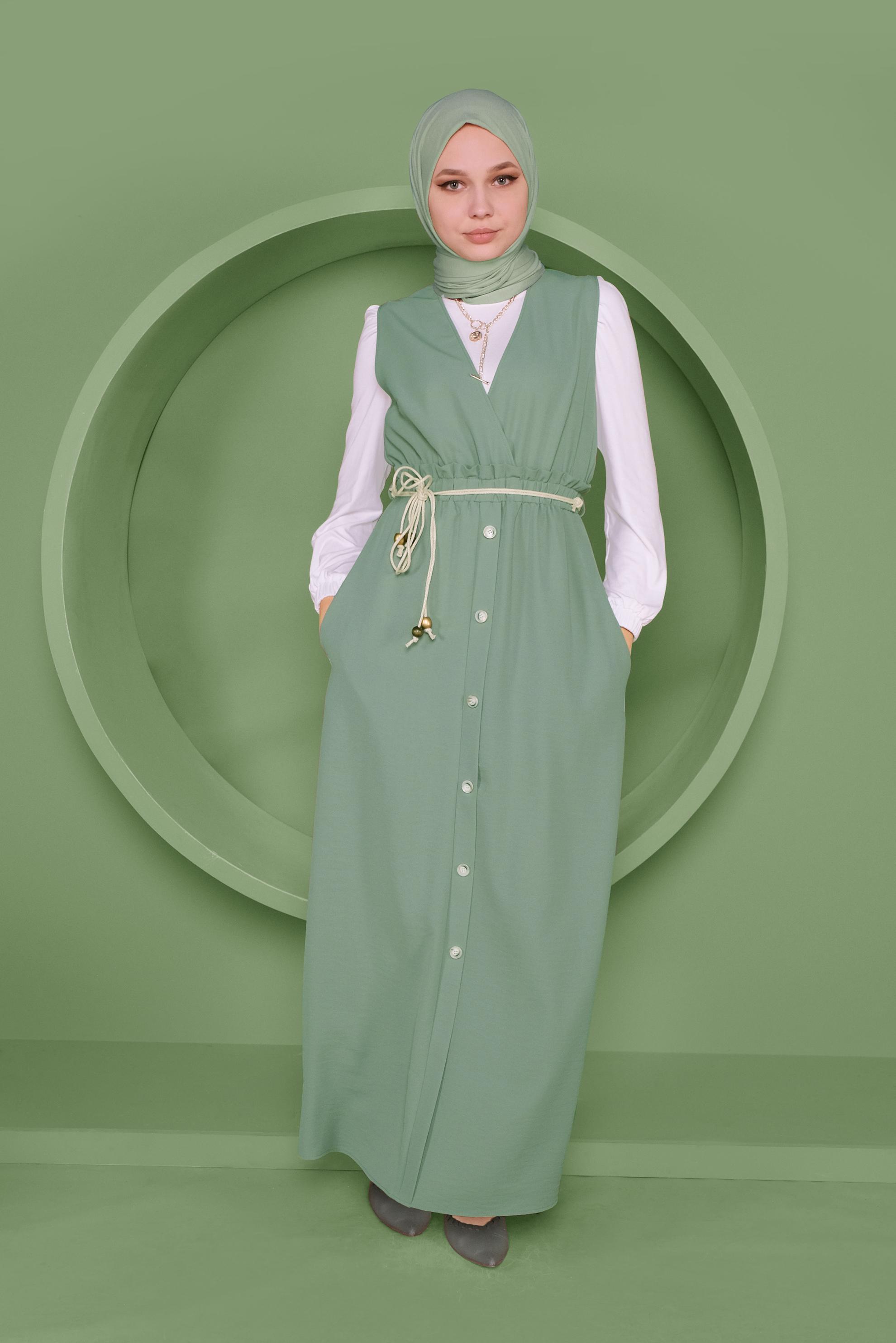 Tesettür giyim YEŞİL BEL KISMI LASTİKLİ DÜĞMELİ İKİLİ JİLE 41410
