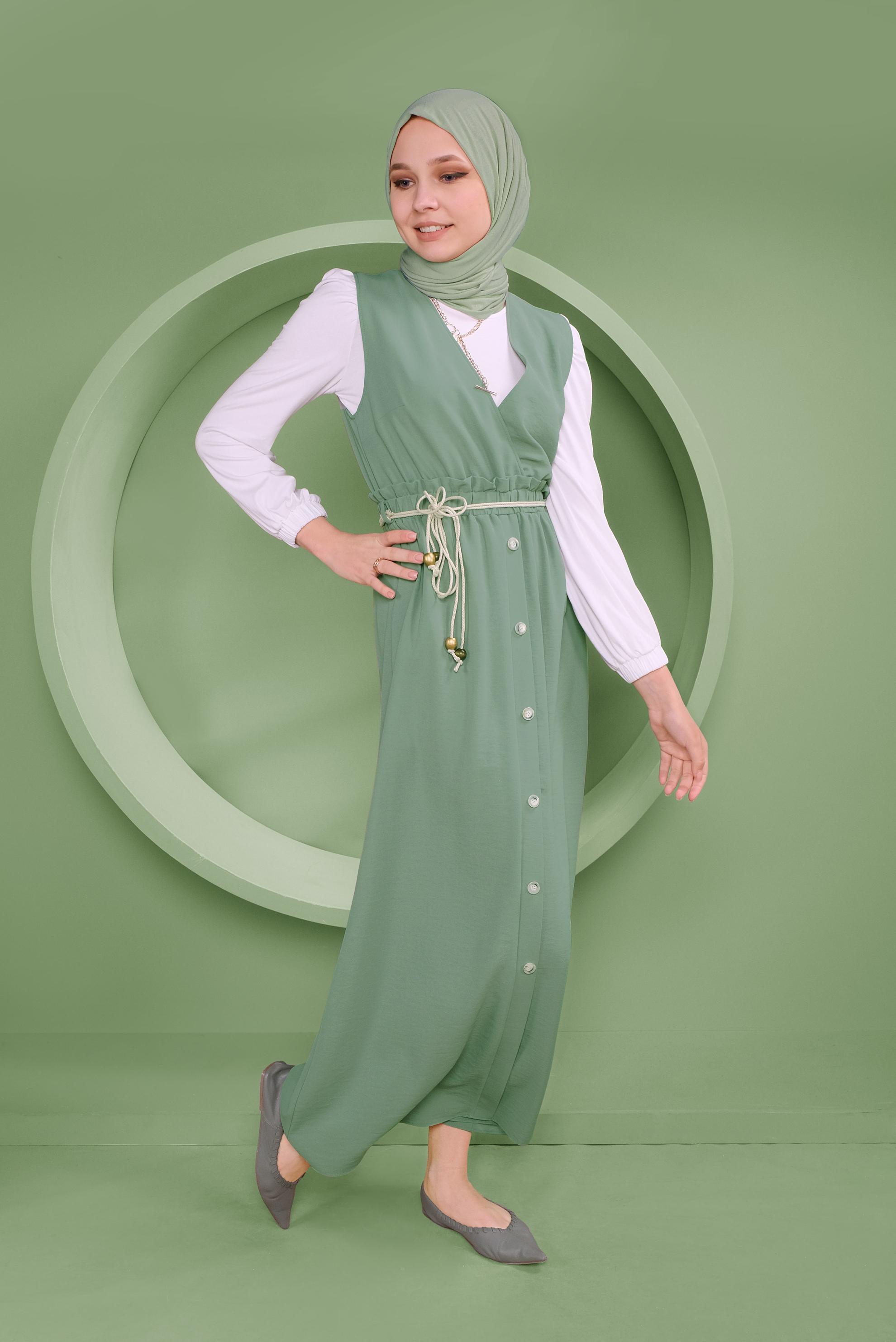 Tesettür giyim YEŞİL BEL KISMI LASTİKLİ DÜĞMELİ İKİLİ JİLE 41410