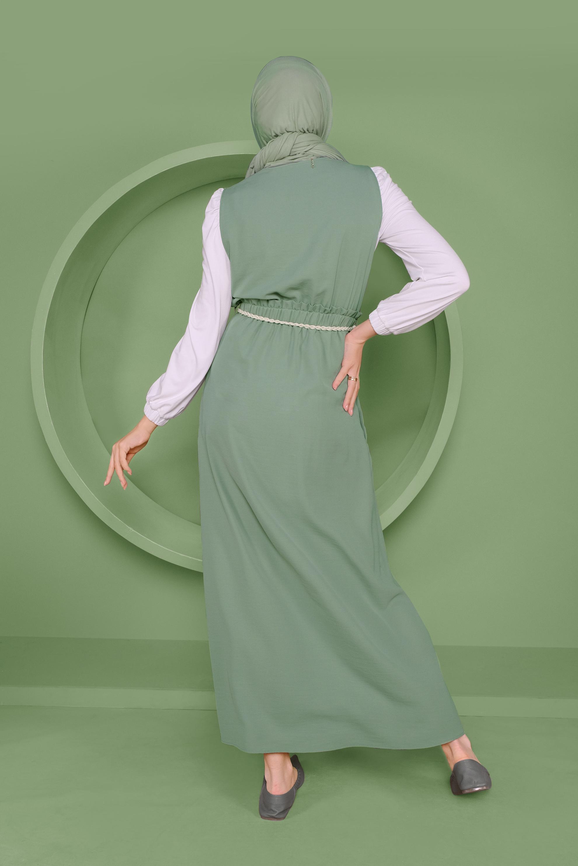 Tesettür giyim YEŞİL BEL KISMI LASTİKLİ DÜĞMELİ İKİLİ JİLE 41410