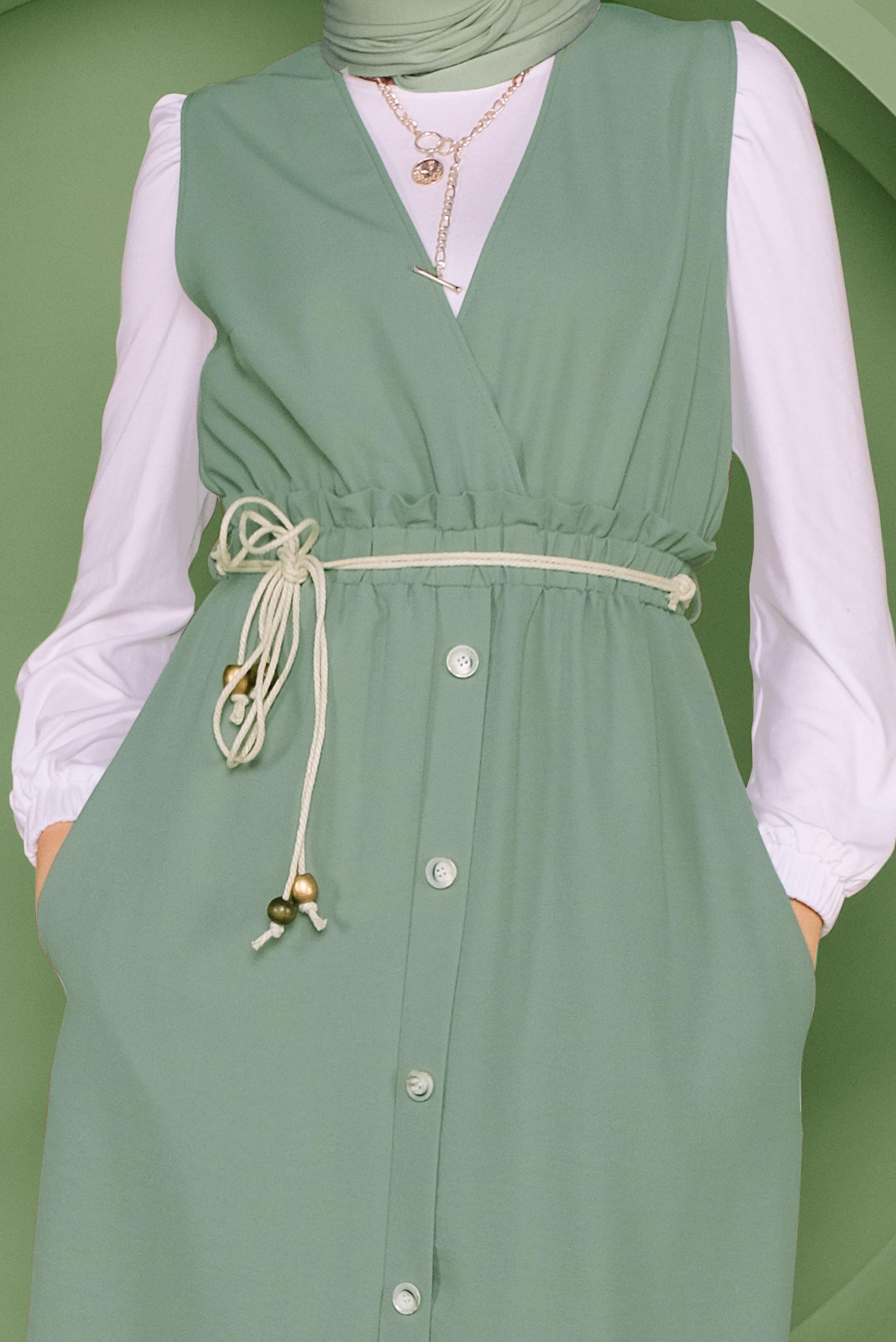 Tesettür giyim YEŞİL BEL KISMI LASTİKLİ DÜĞMELİ İKİLİ JİLE 41410