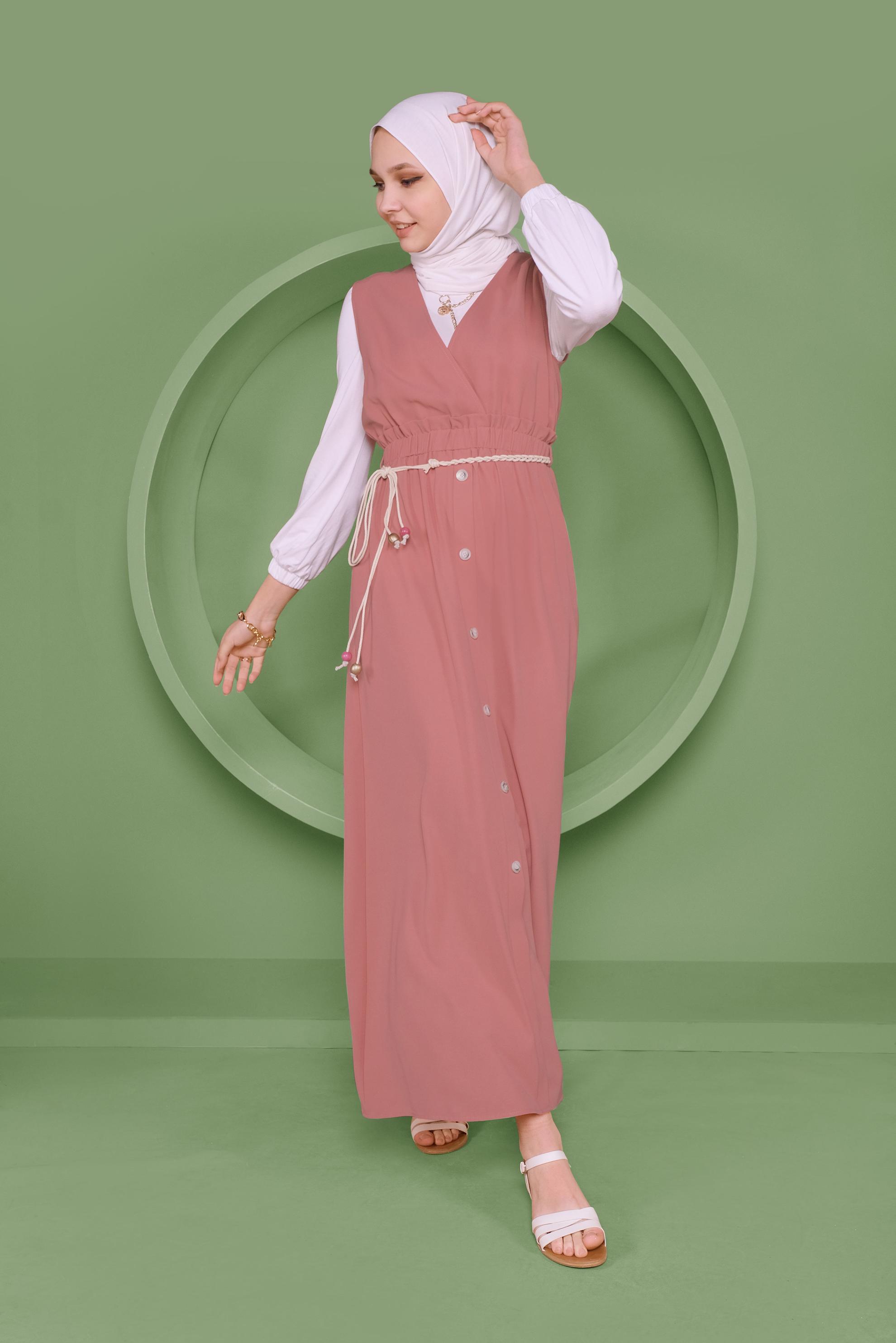 Tesettür giyim PEMBE BEL KISMI LASTİKLİ DÜĞMELİ İKİLİ JİLE 41410