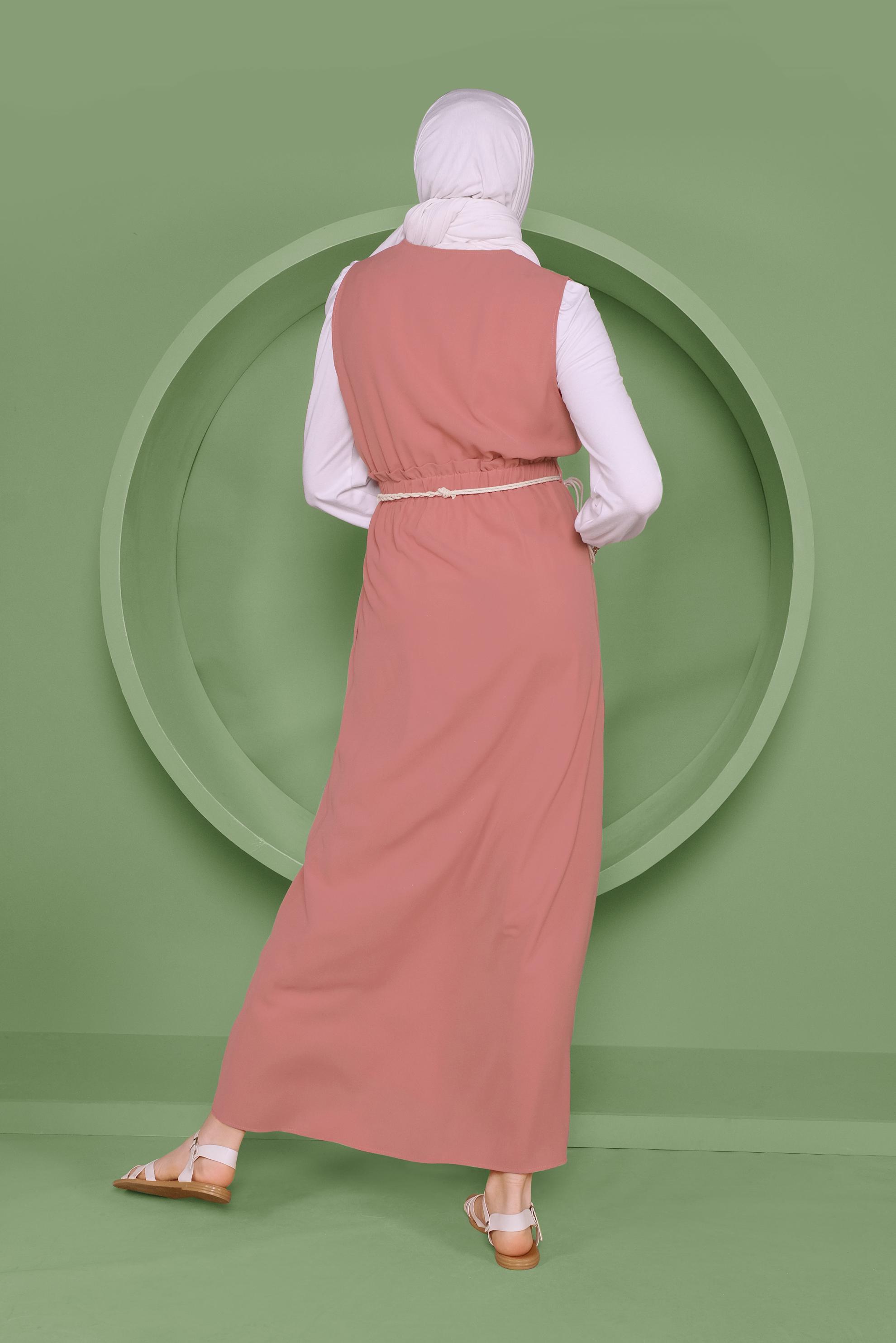 Tesettür giyim PEMBE BEL KISMI LASTİKLİ DÜĞMELİ İKİLİ JİLE 41410