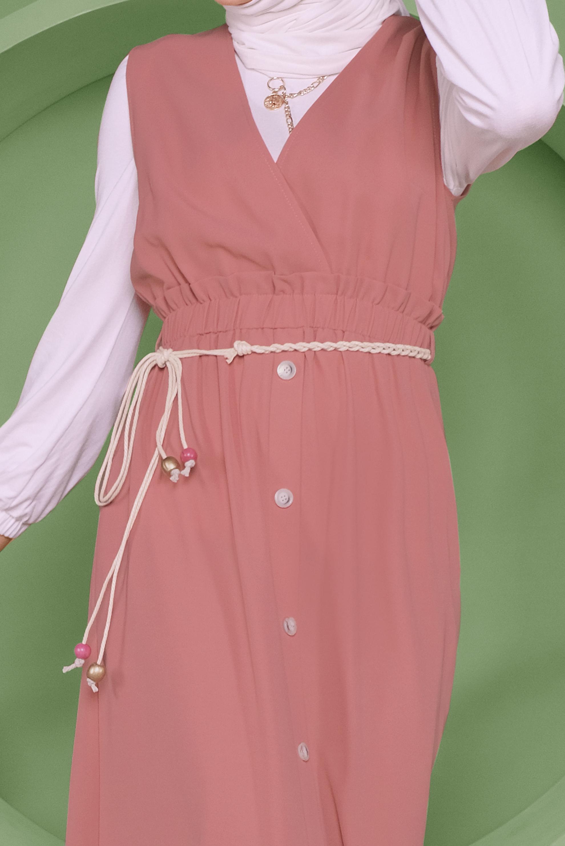 Tesettür giyim PEMBE BEL KISMI LASTİKLİ DÜĞMELİ İKİLİ JİLE 41410