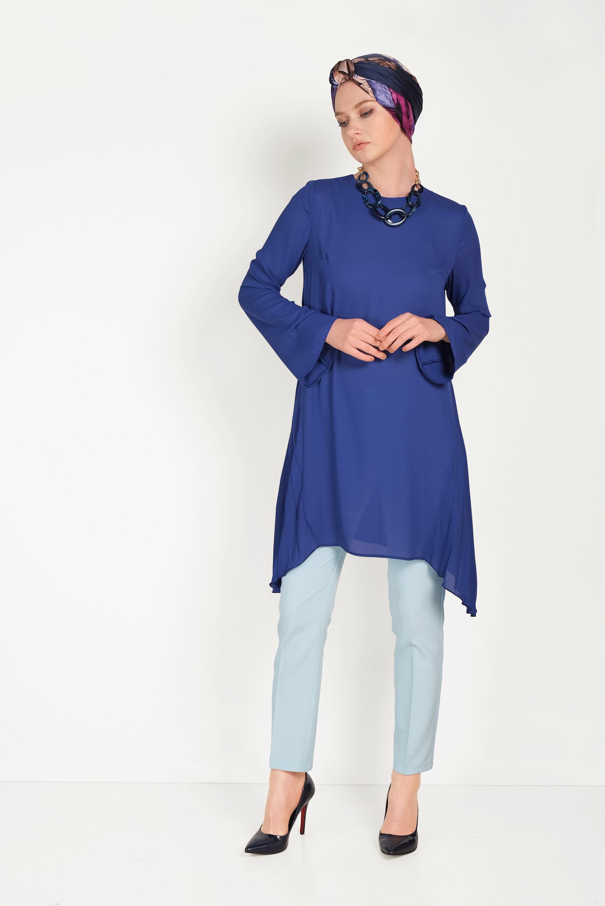 Tesettür giyim MAVİ DÜĞMELİ KUMAŞ PANTOLON 70051	