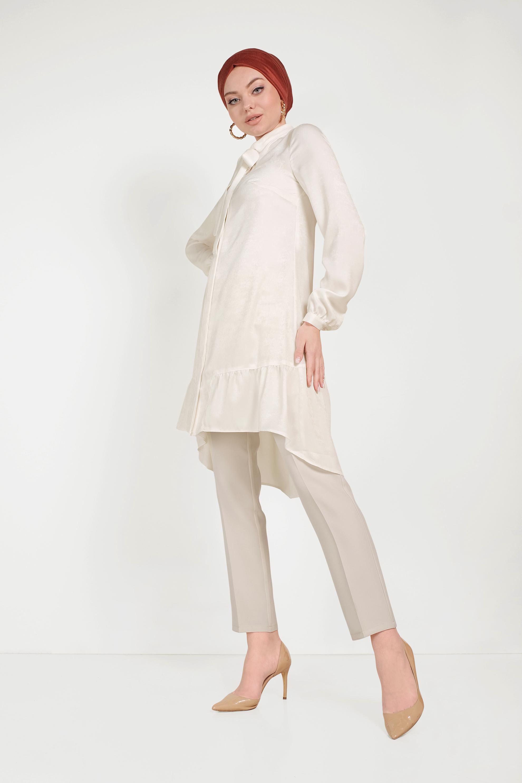 Tesettür giyim BEJ DAR PAÇA KUMAŞ PANTOLON 70052